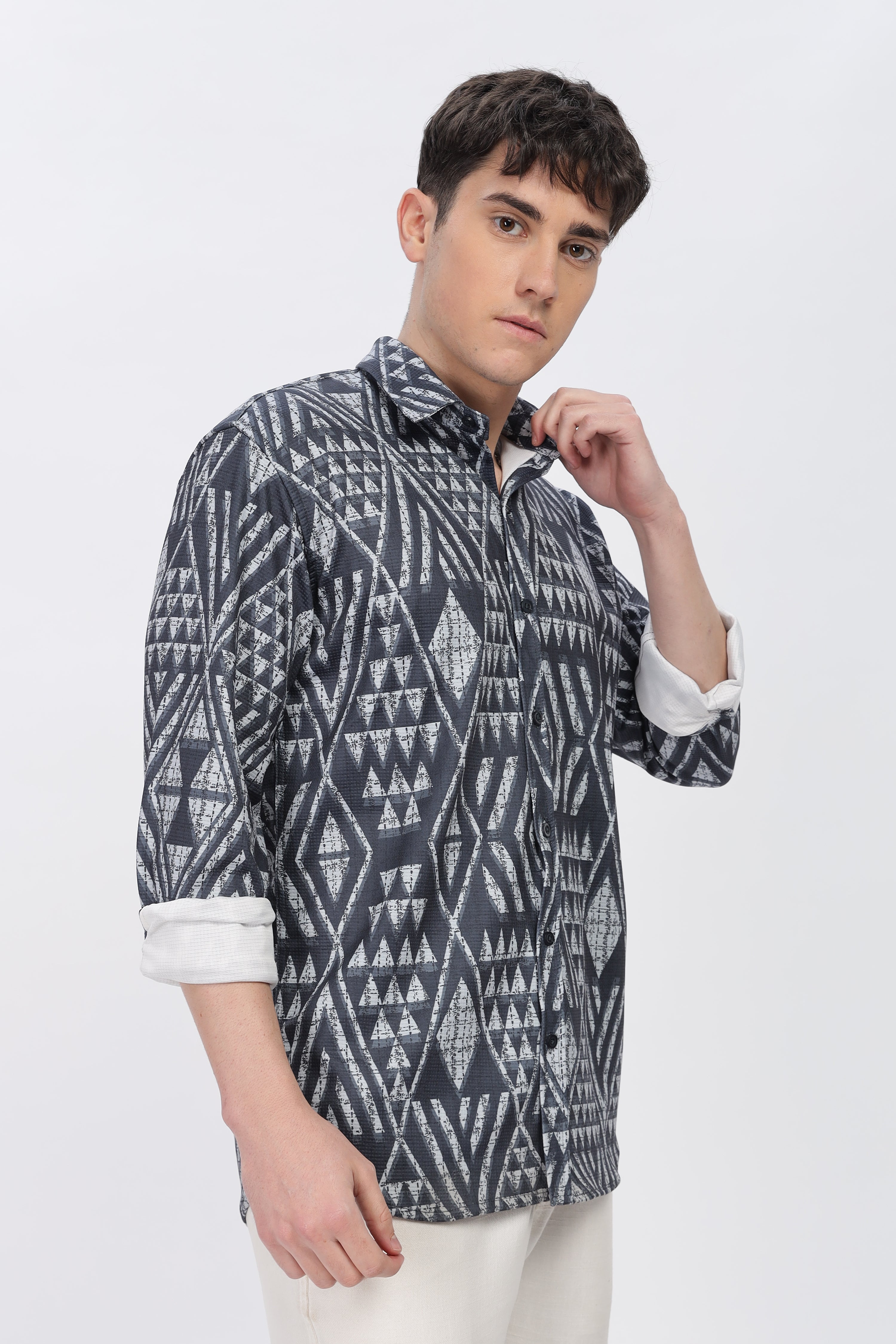 Grey Geometrical Slim Fit Shirt