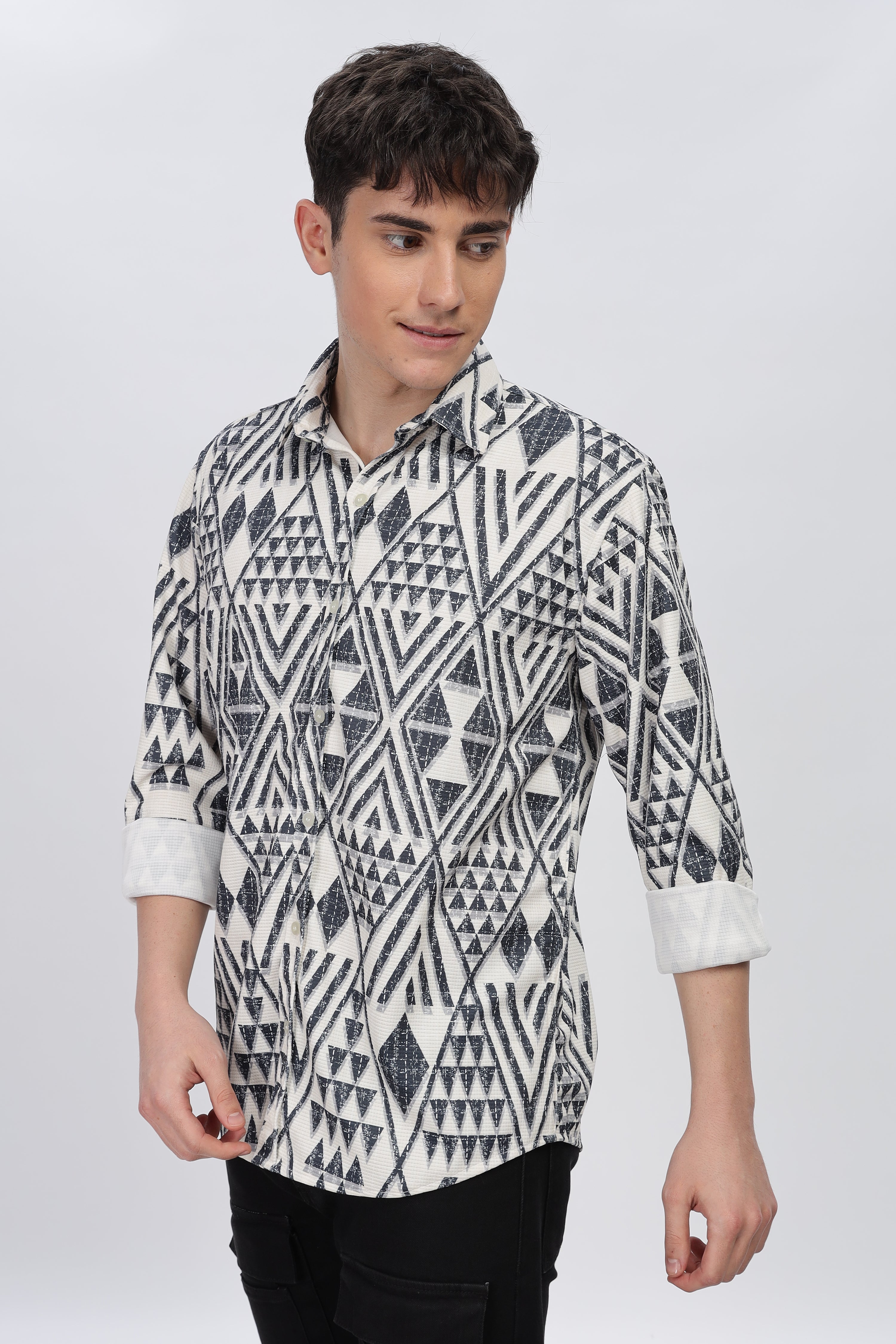 Greyish Geometrical Beige Slim Fit Shirt