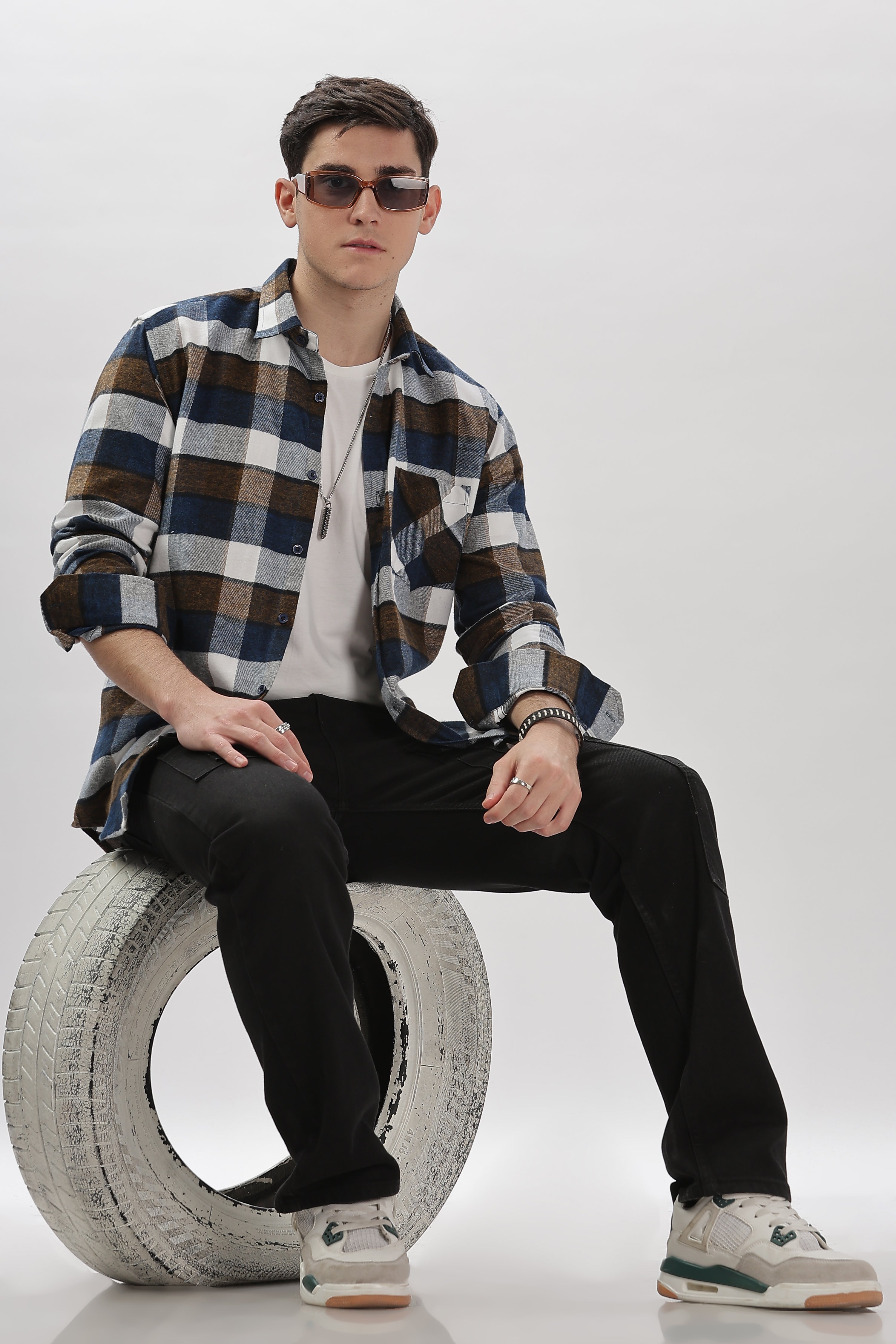 Blue Brown Flannel Relaxed Fit Overshirt