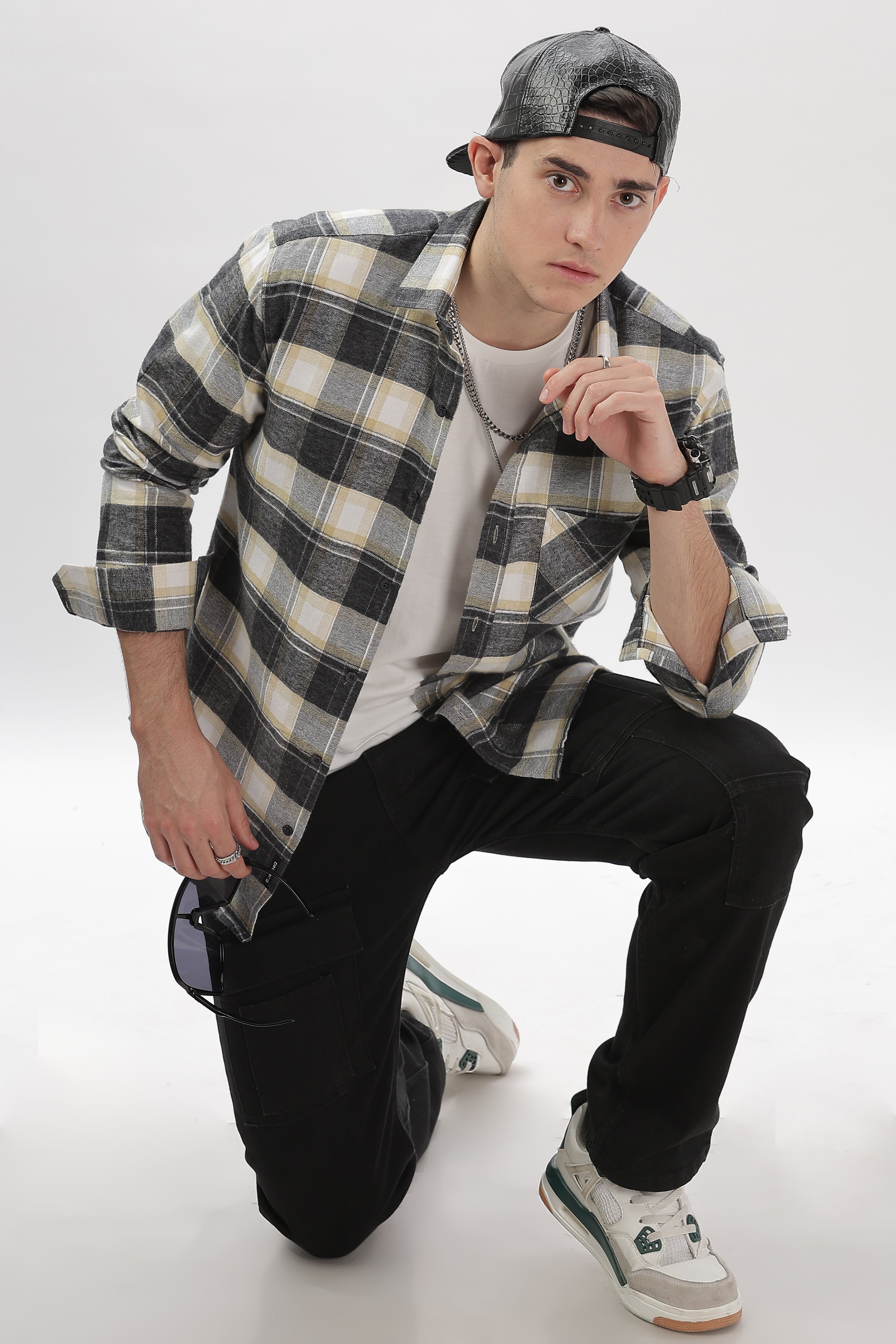 yellow grey flannel relaxed fit overshirt