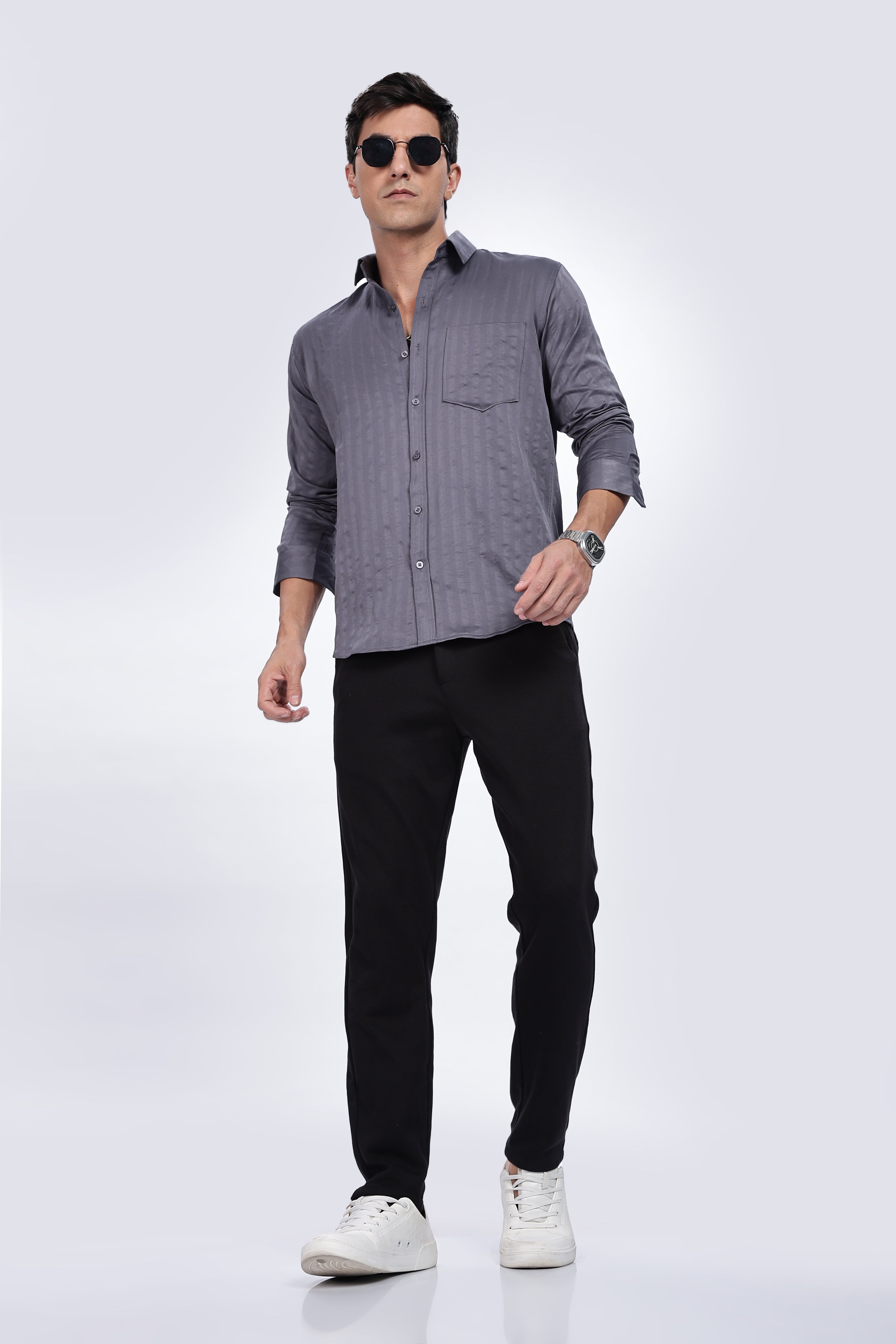 Grey Stripes Solid Shirt