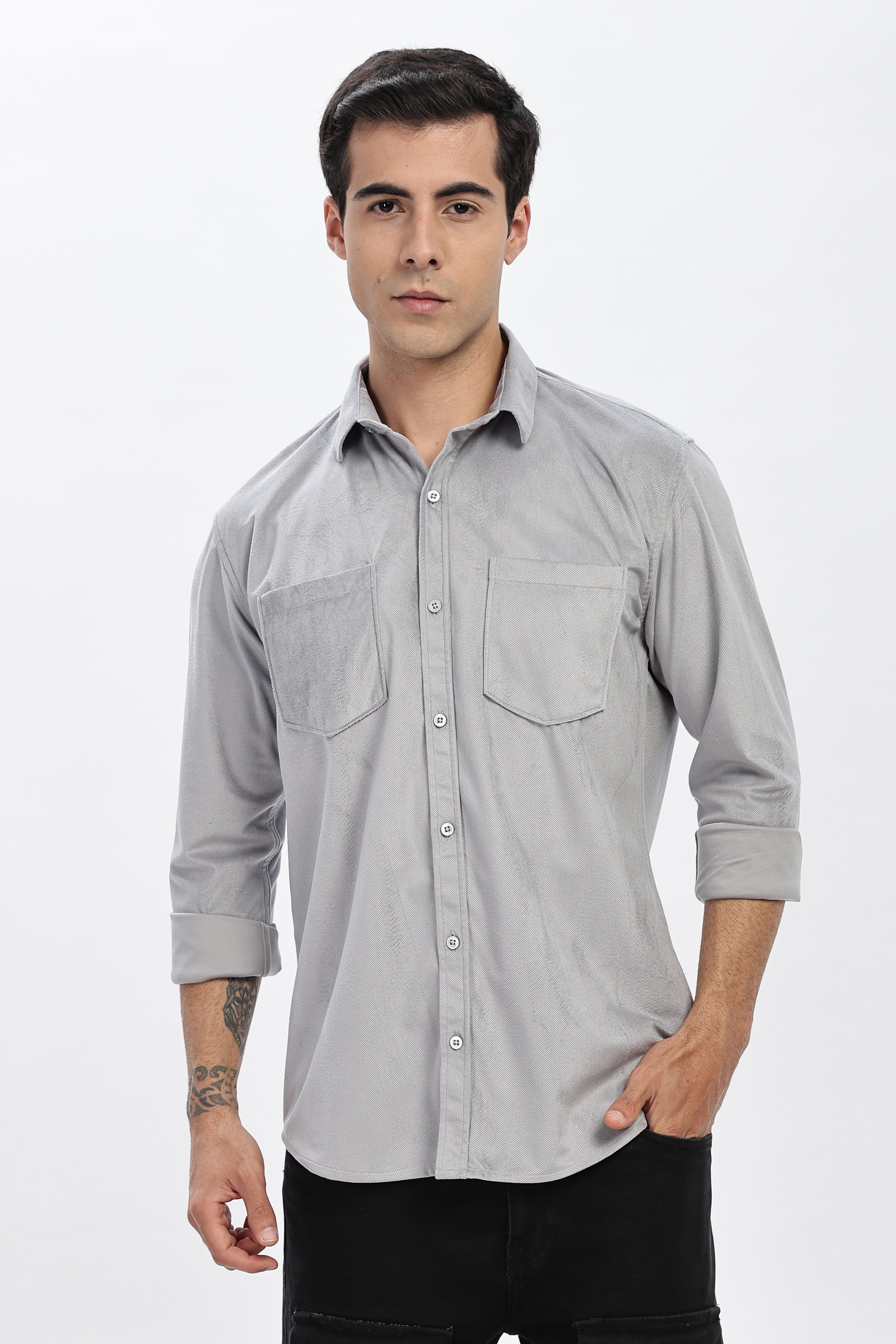 Light Grey Double Pocket Solid Shirt