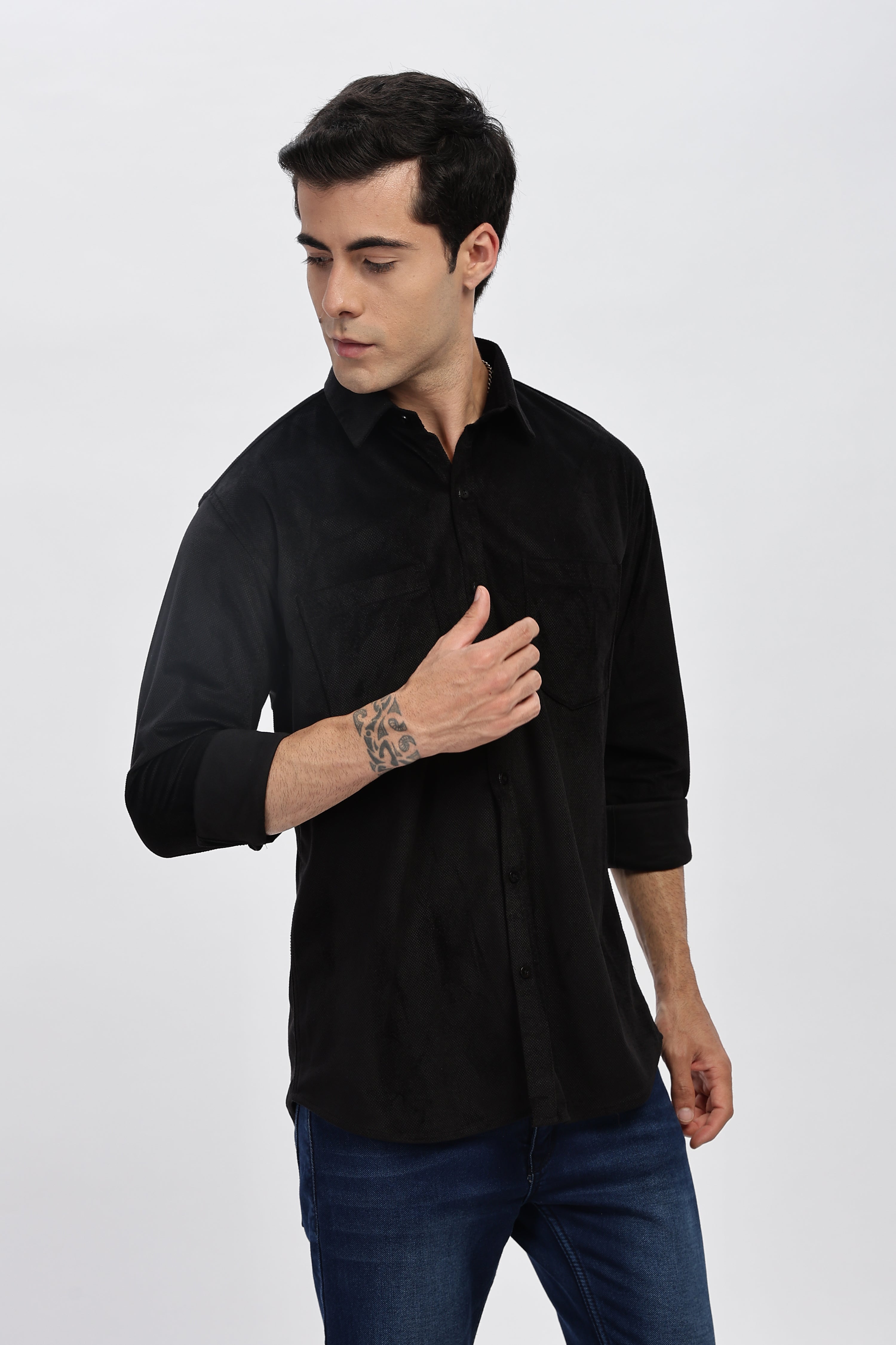 Black Double Pocket Solid Shirt