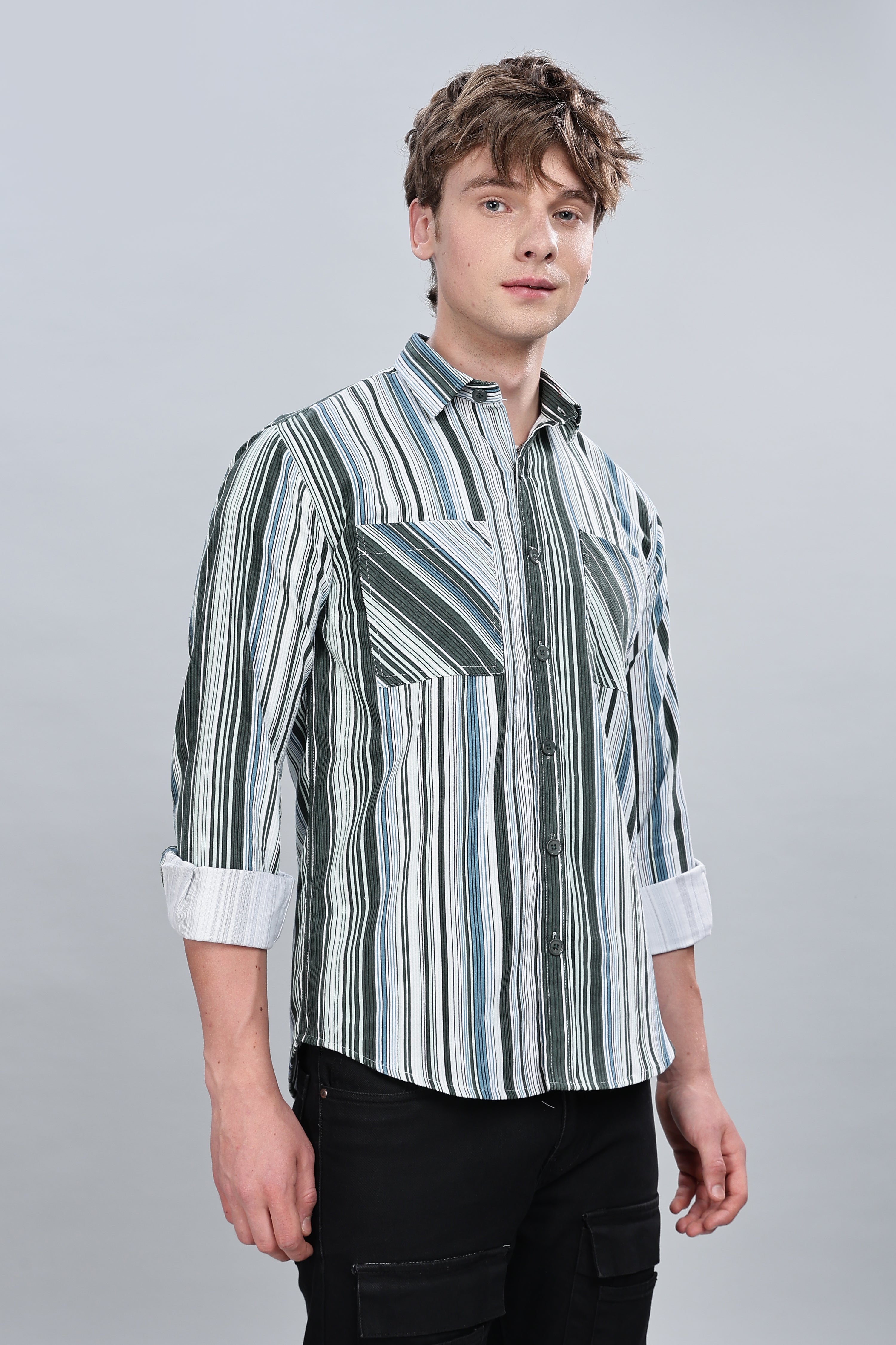 Green Blue Stripes Relaxed Fit Overshirt