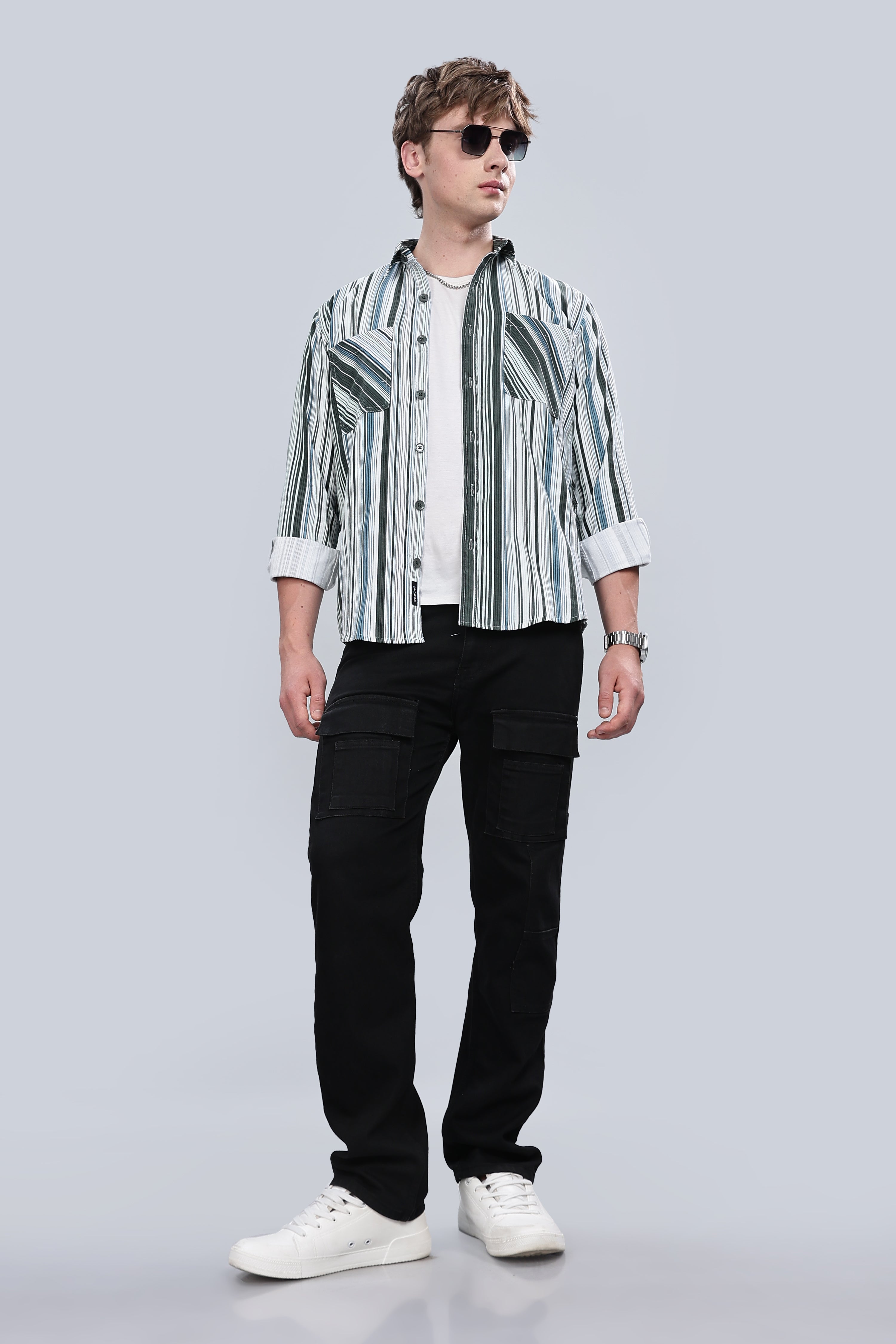 Green Blue Stripes Relaxed Fit Overshirt
