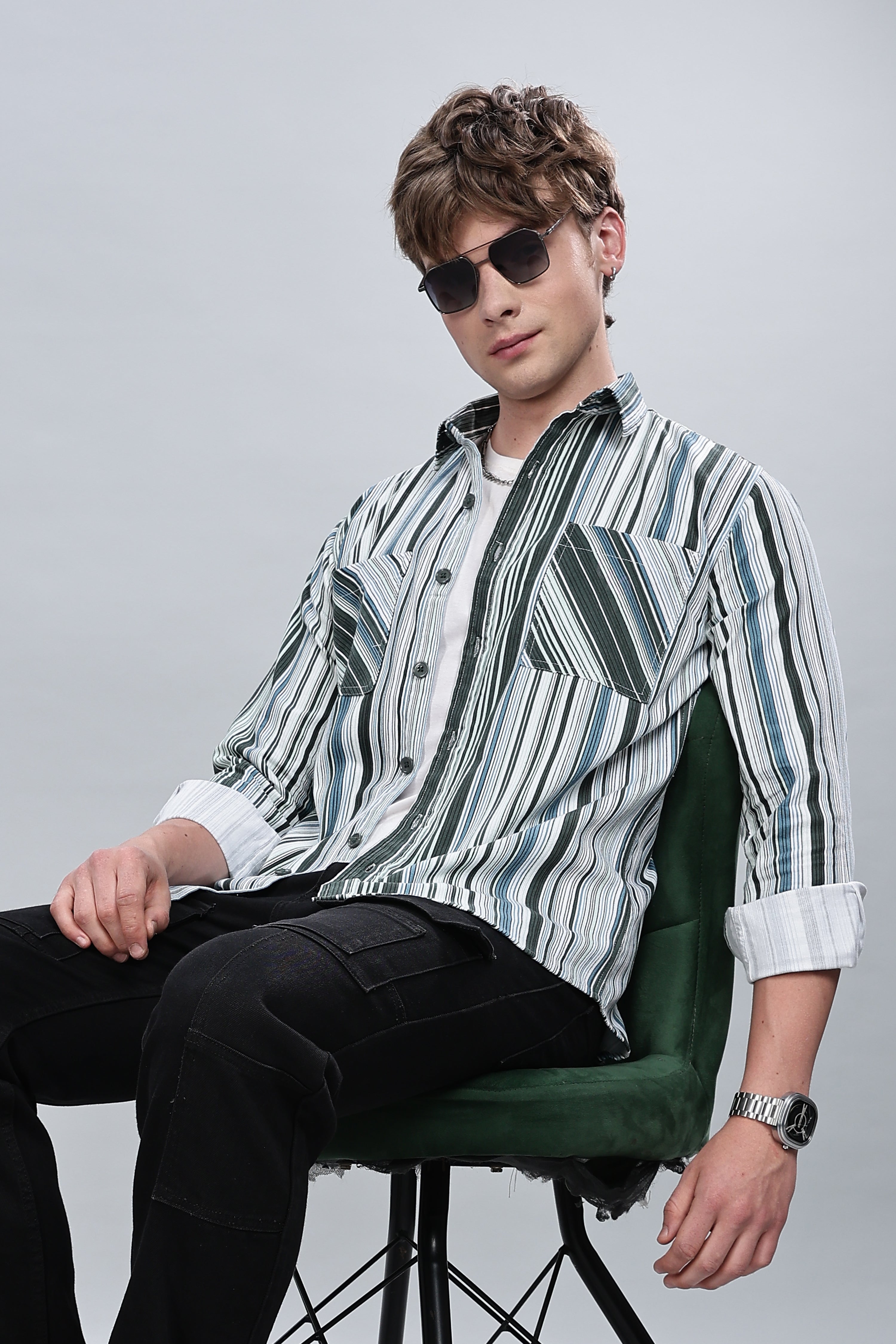 Green Blue Stripes Relaxed Fit Overshirt