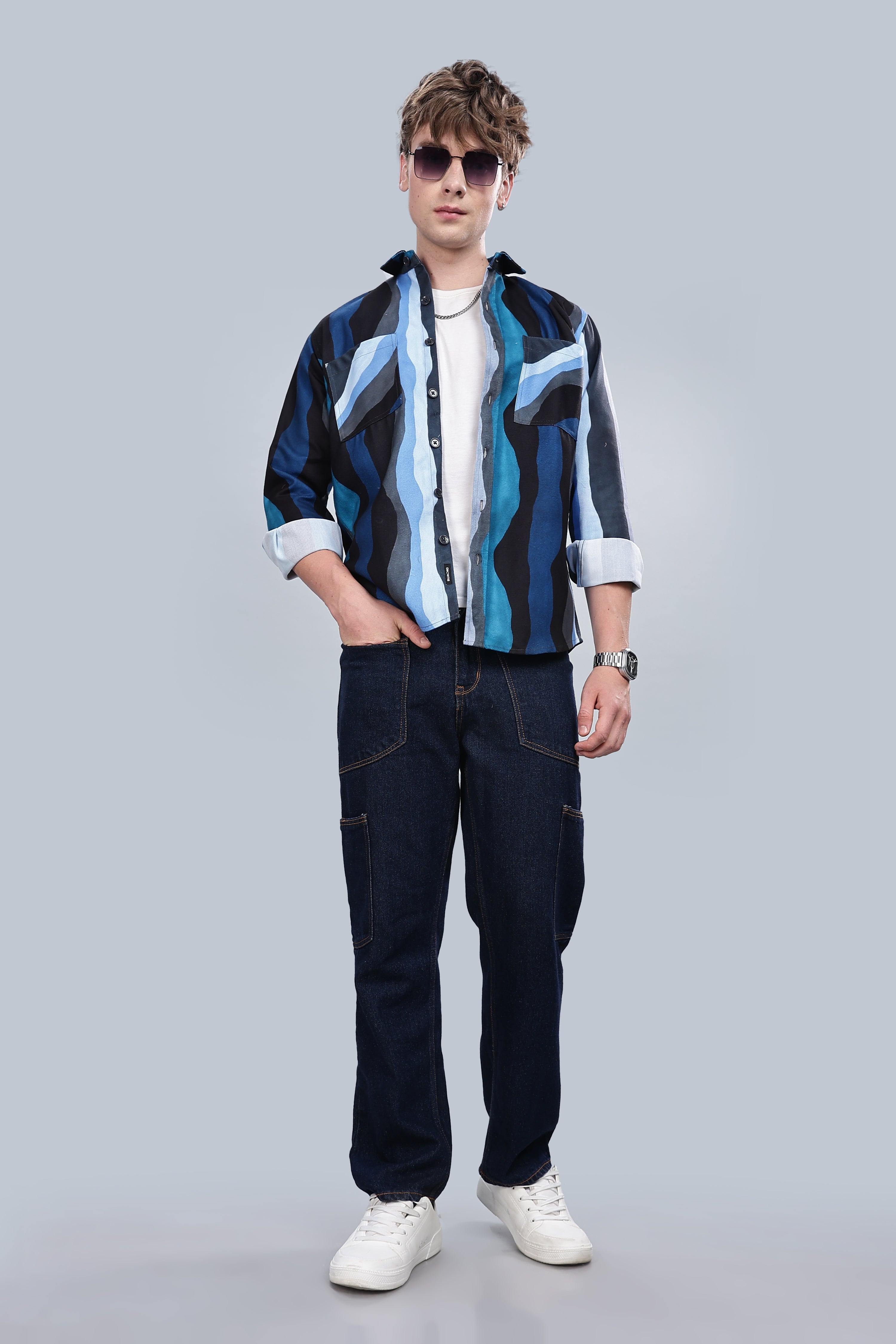 Blue Wavy Relaxed Fit Overshirt