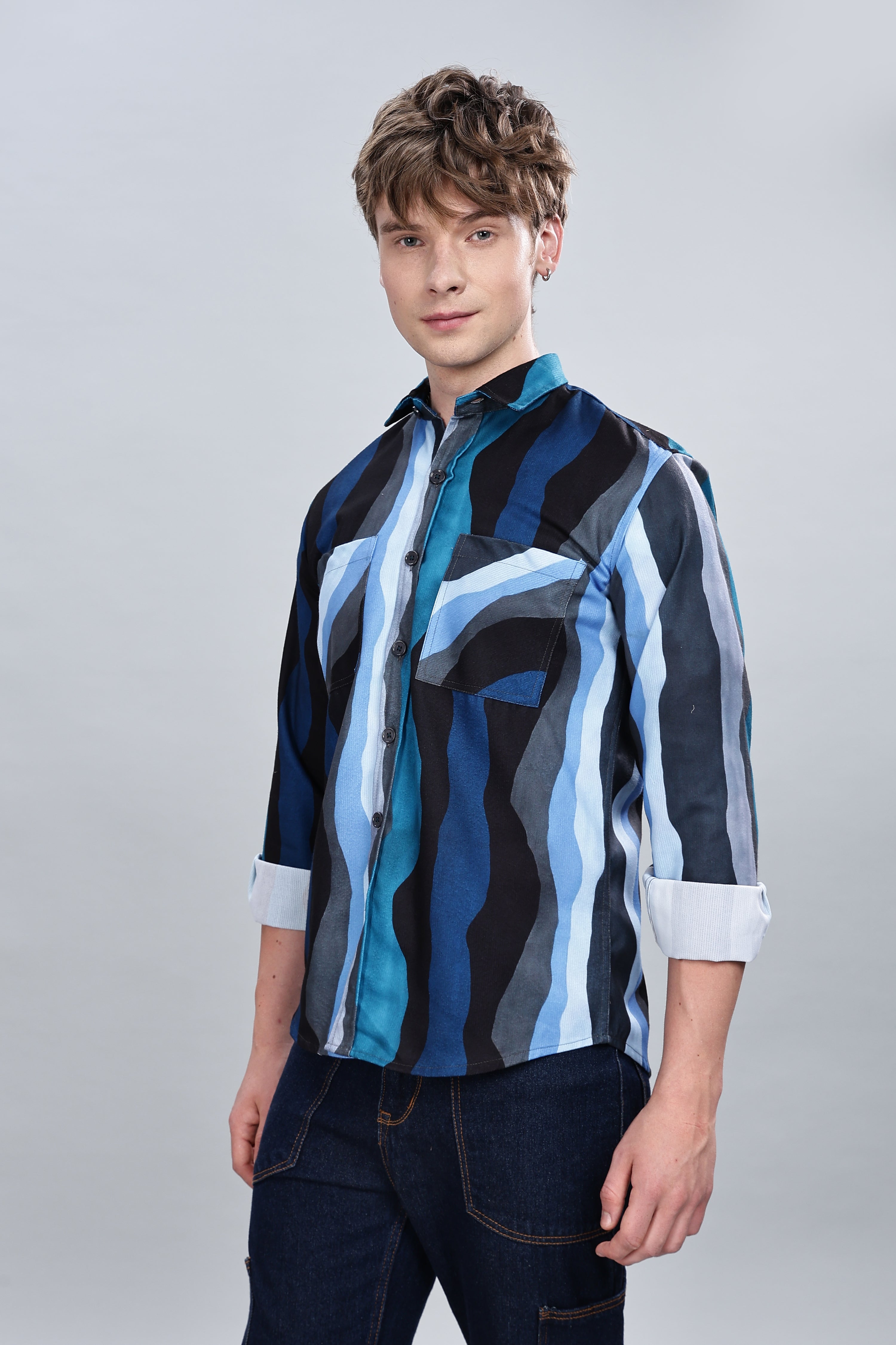 Blue Wavy Relaxed Fit Overshirt