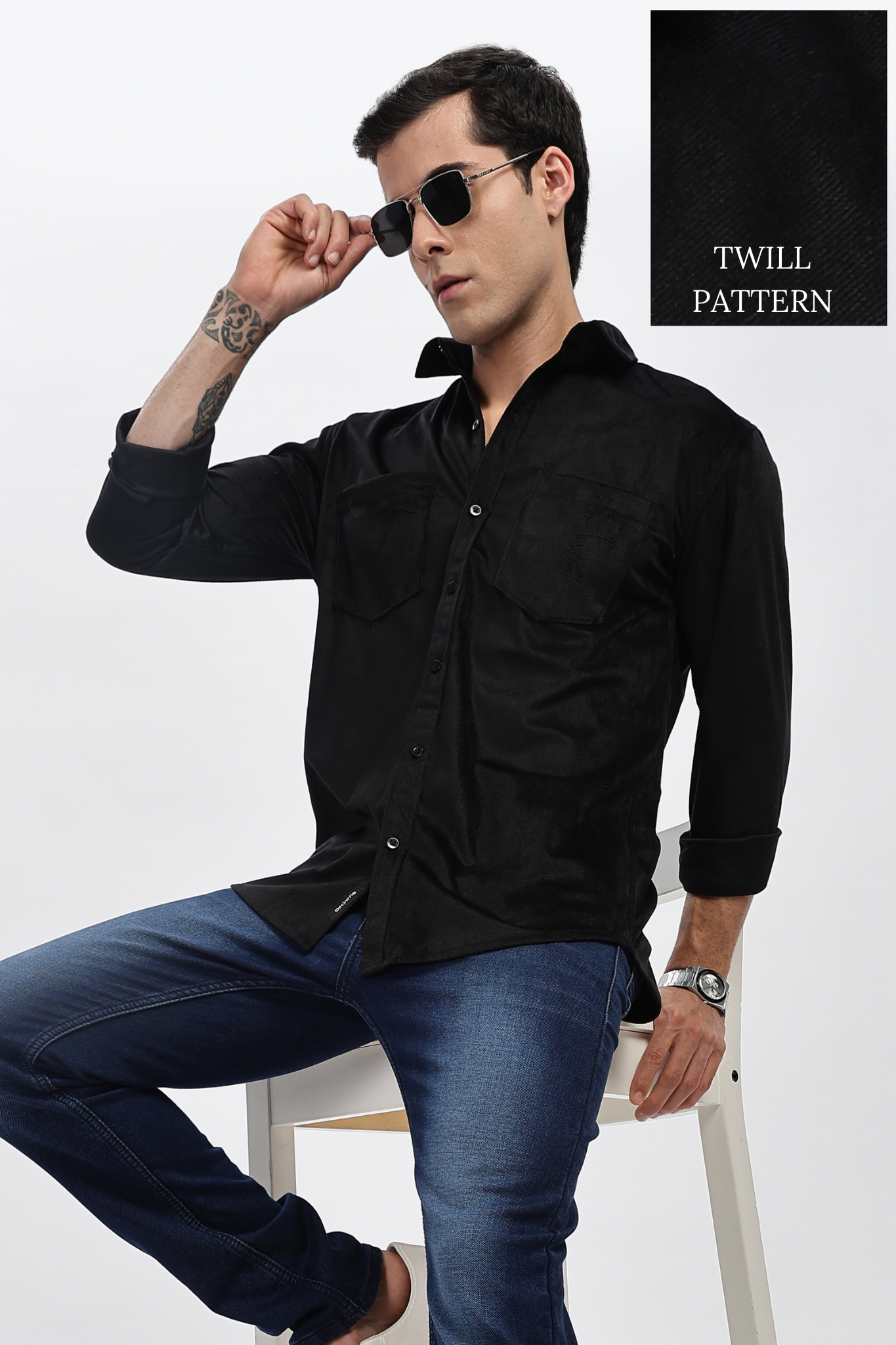 Black Double Pocket Solid Shirt