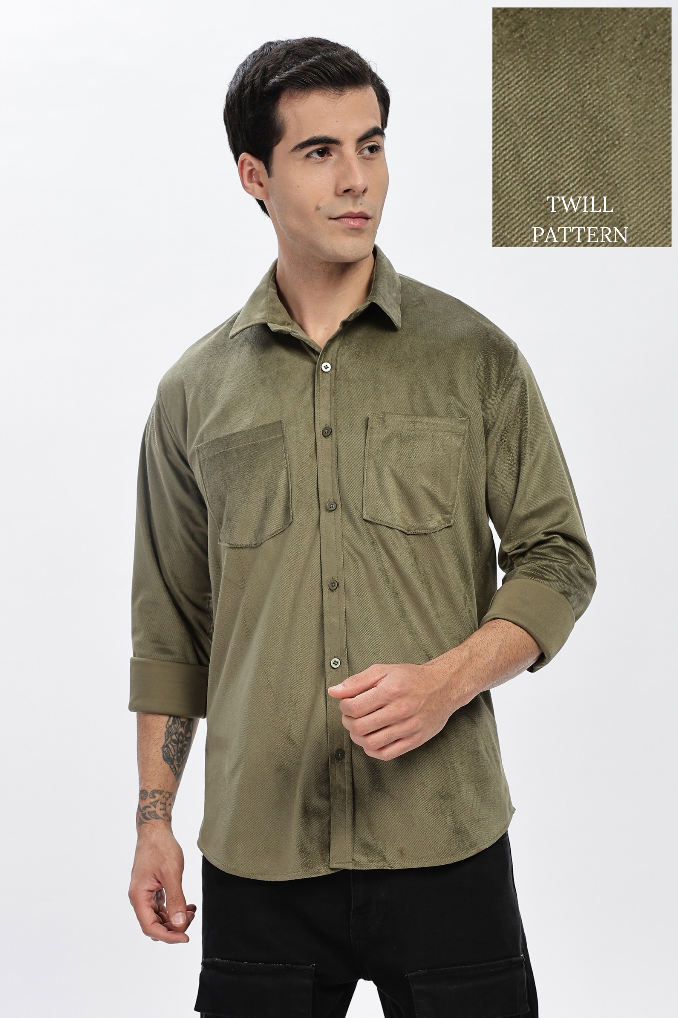 Olive Double Pocket Solid Shirt