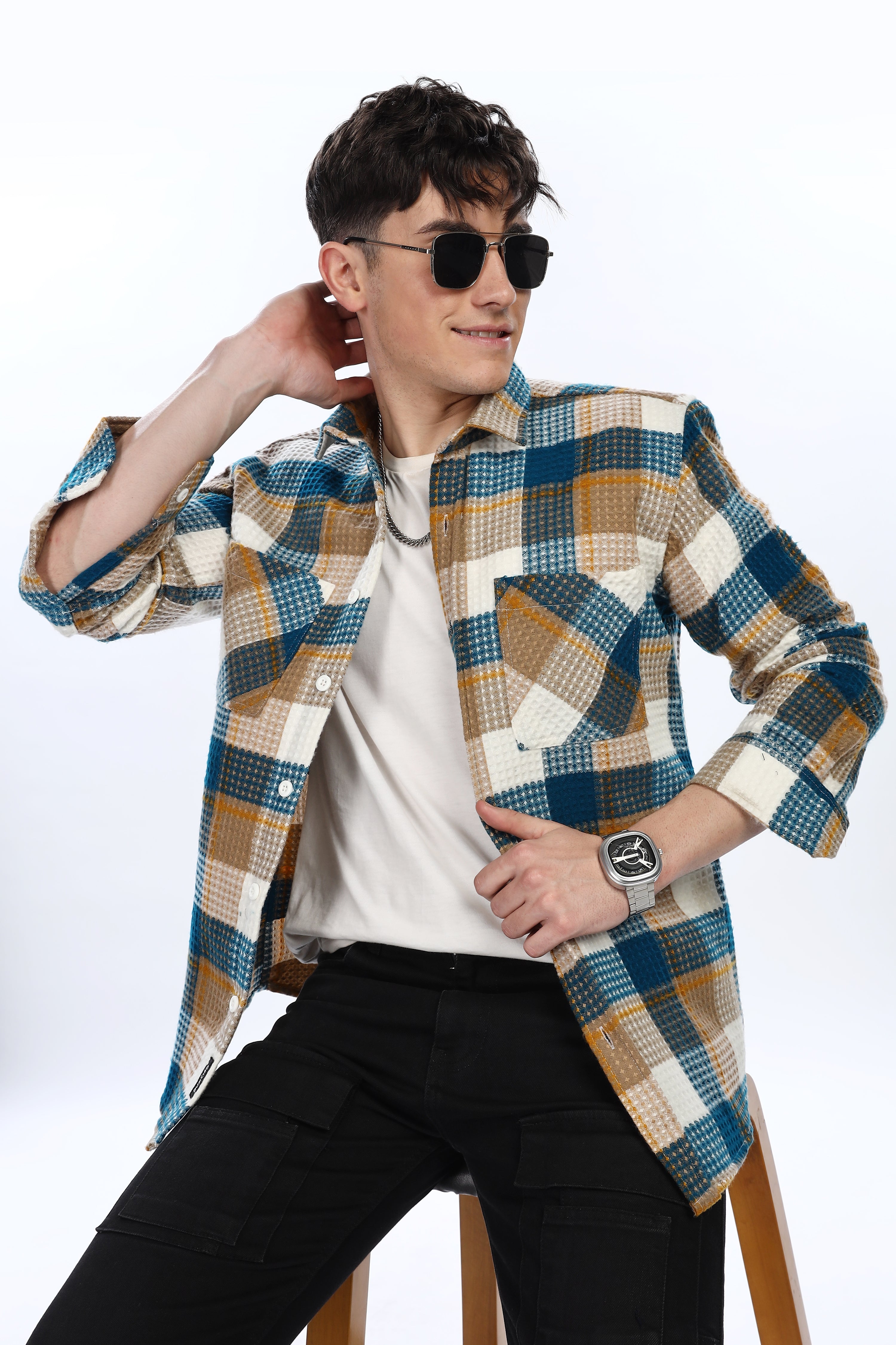Waffle Blue Flannel Relaxed Fit Overshirt