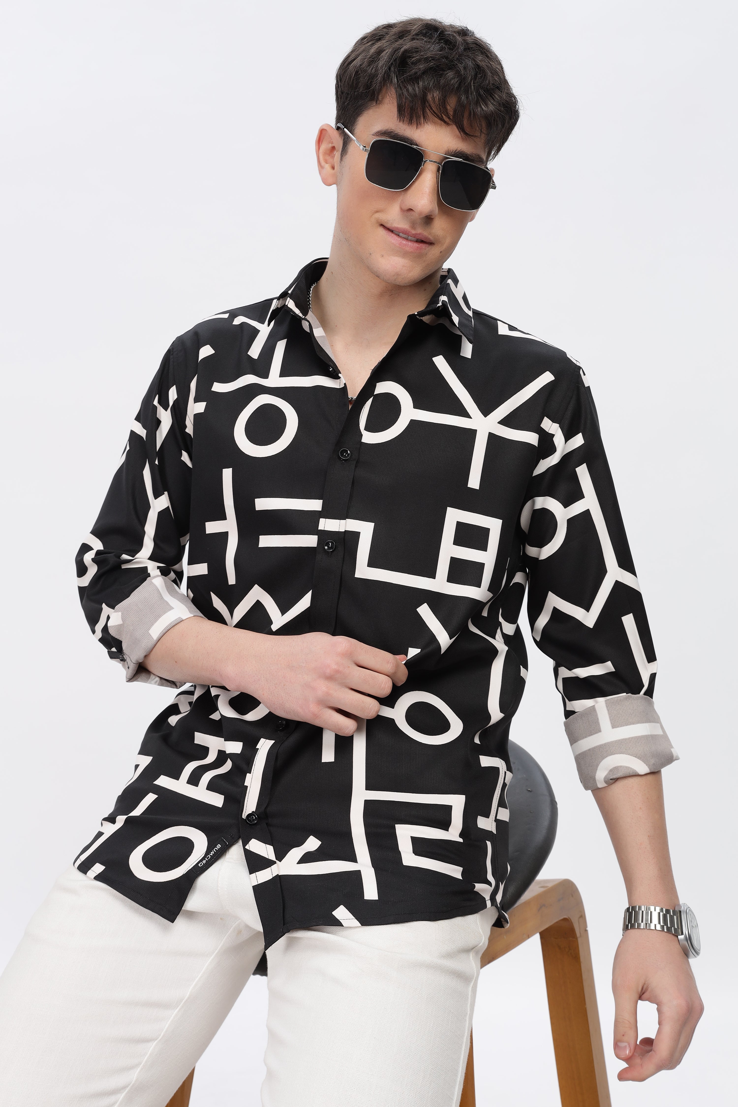 White Abstract Slim Fit Shirt