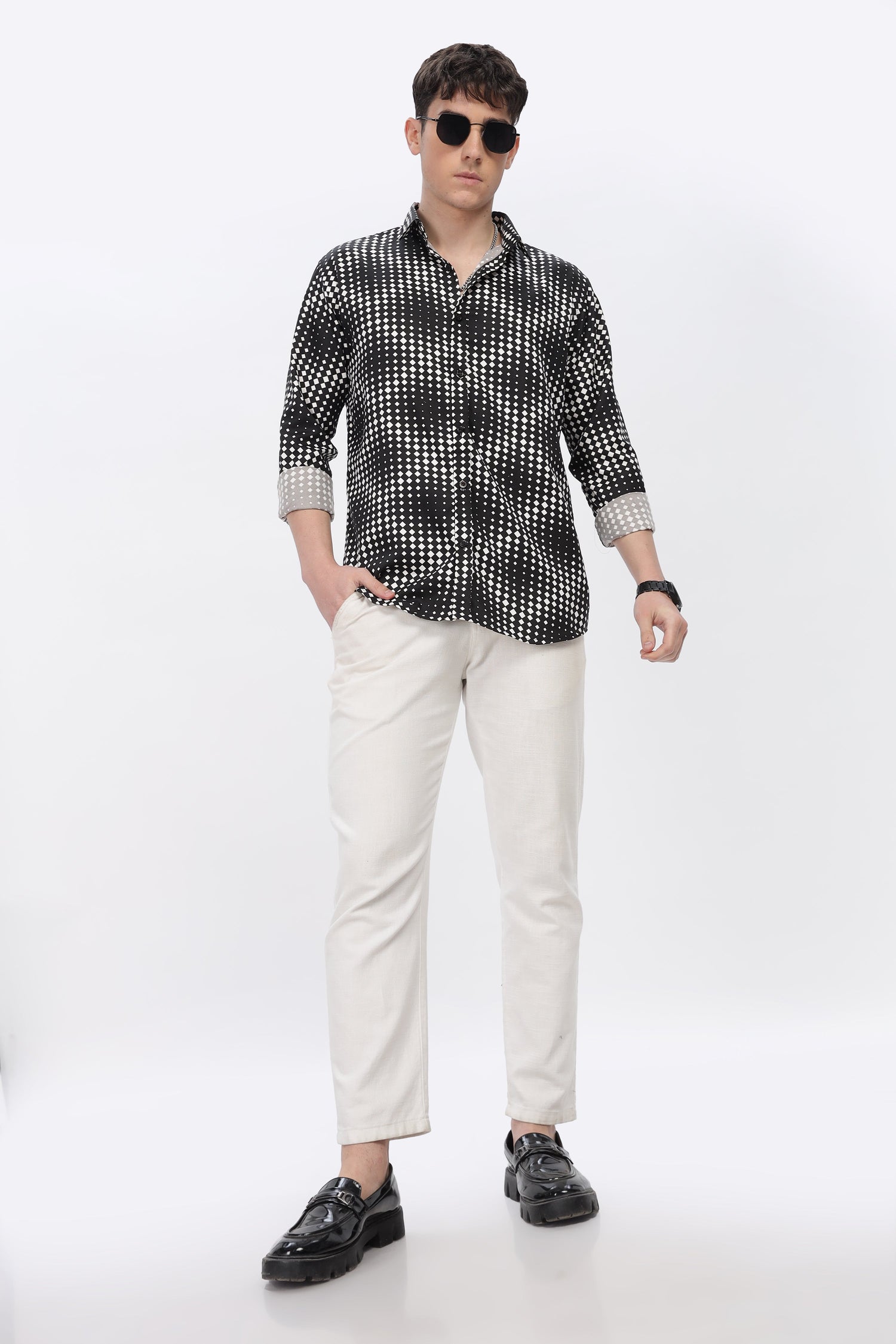 White Dotted Abstract Slim Fit Shirt