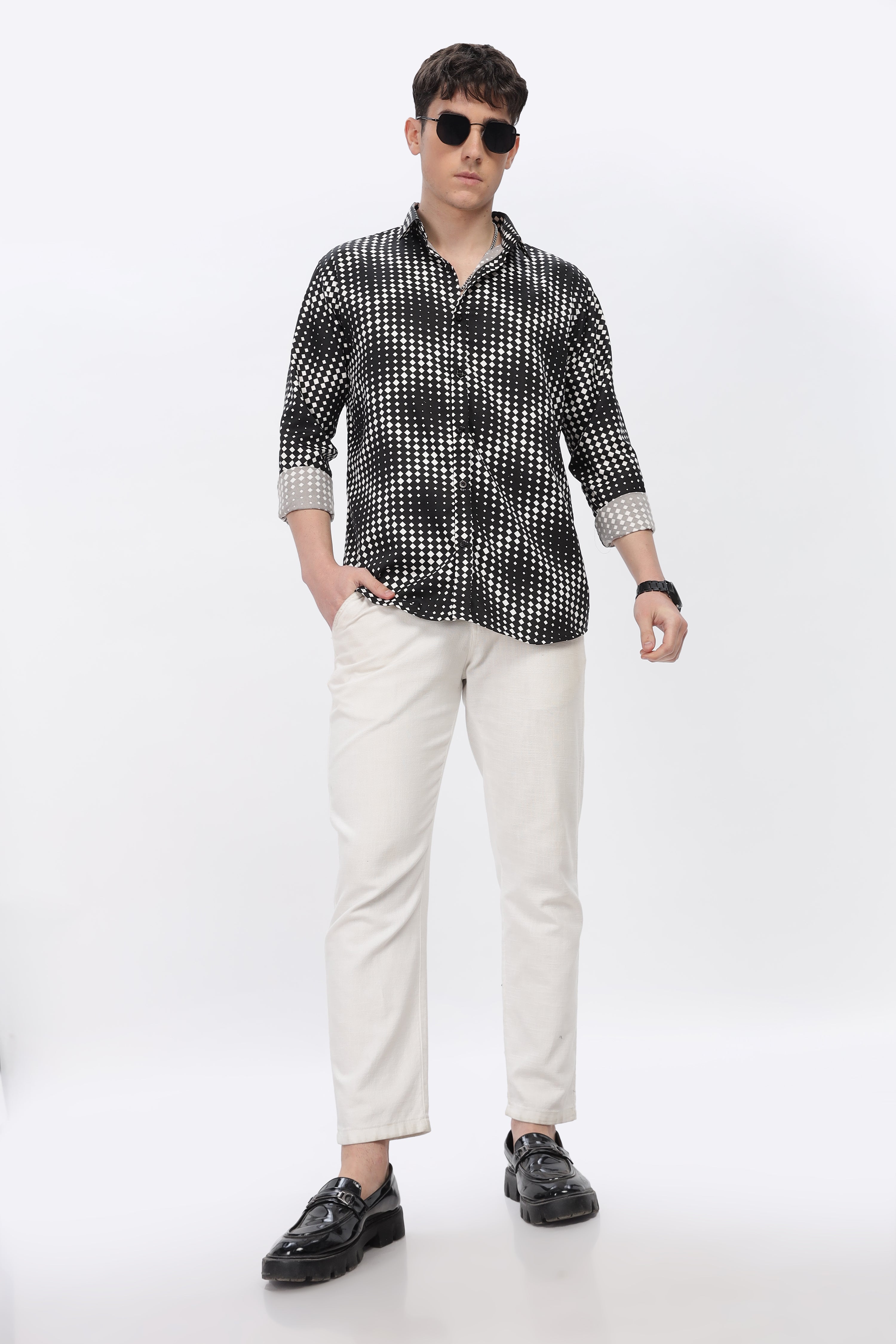 White Dotted Abstract Slim Fit Shirt