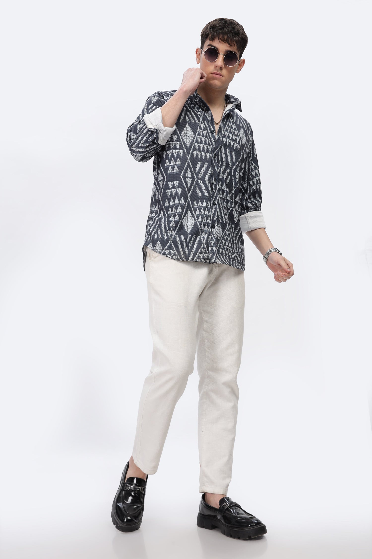 Grey Geometrical Slim Fit Shirt