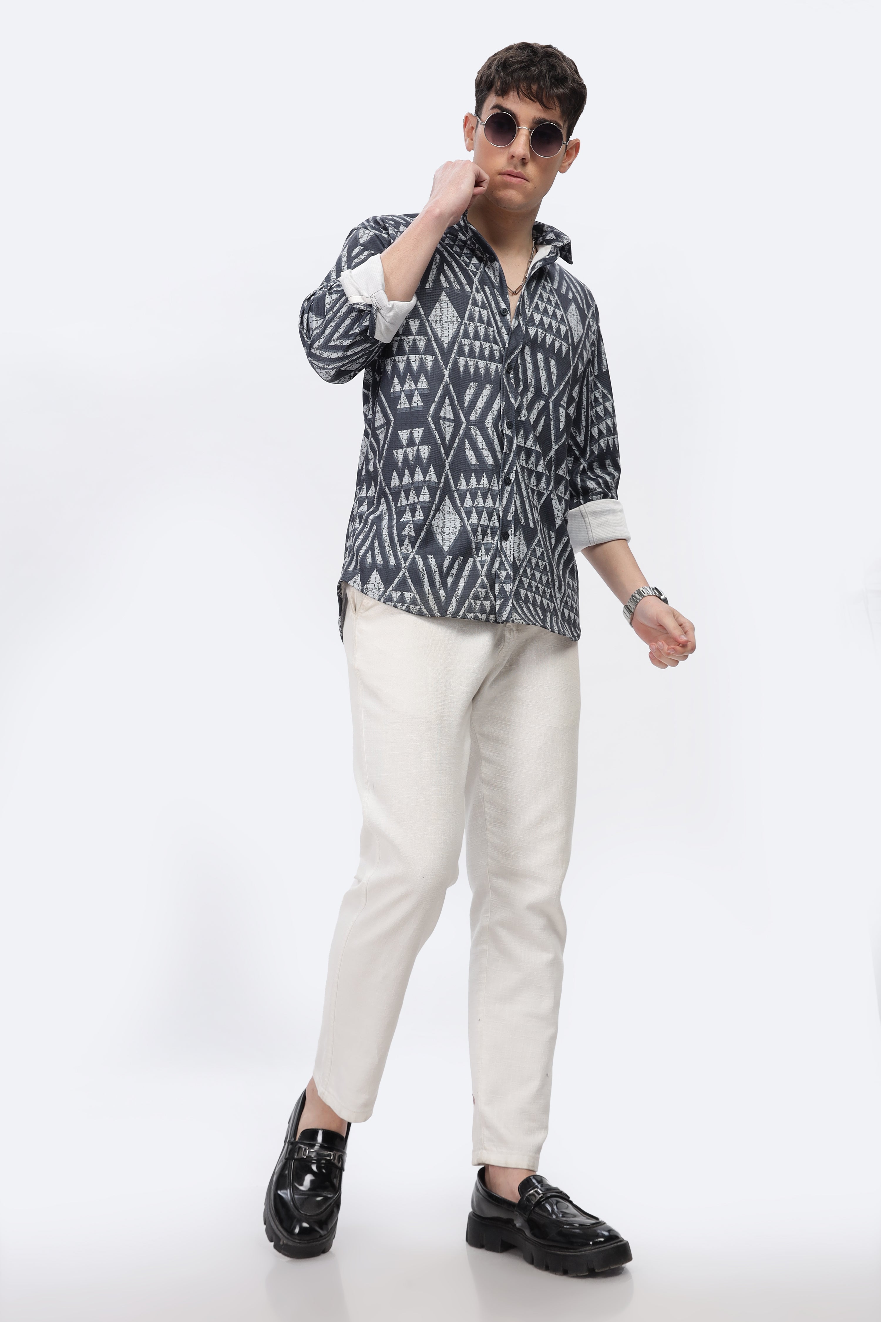 Grey Geometrical Slim Fit Shirt