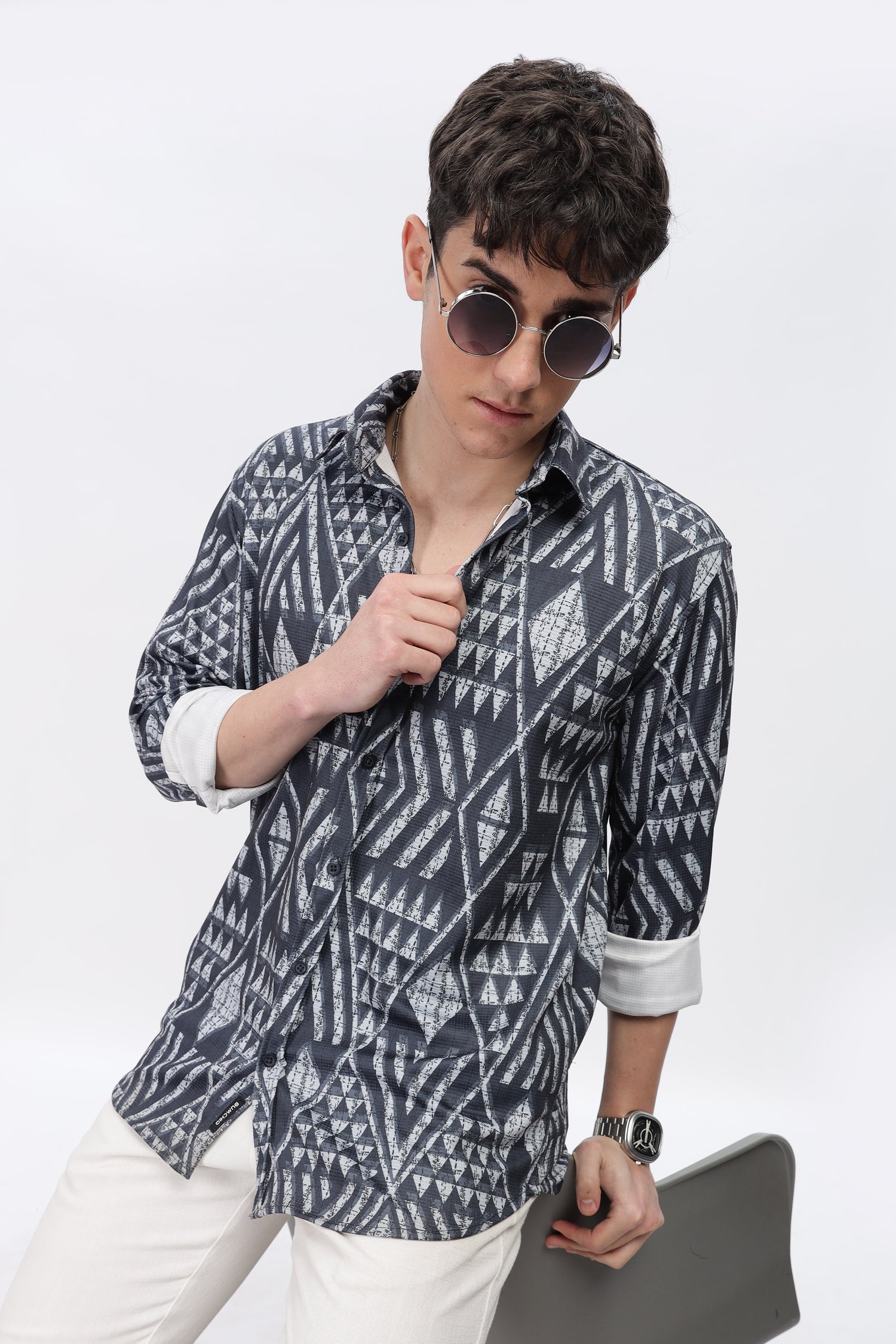 Grey Geometrical Slim Fit Shirt