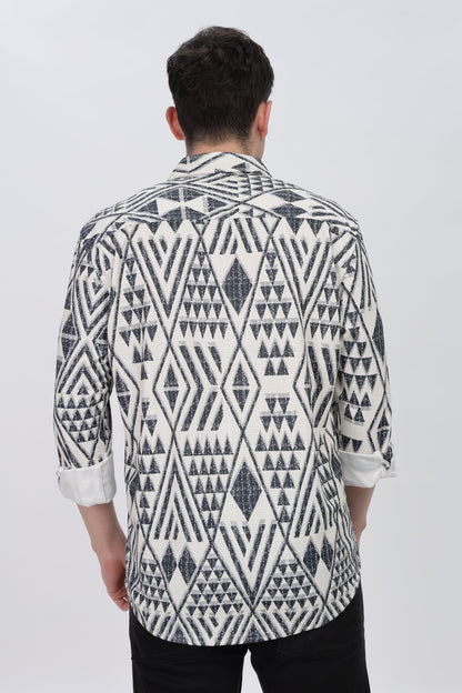Greyish Geometrical Beige Slim Fit Shirt