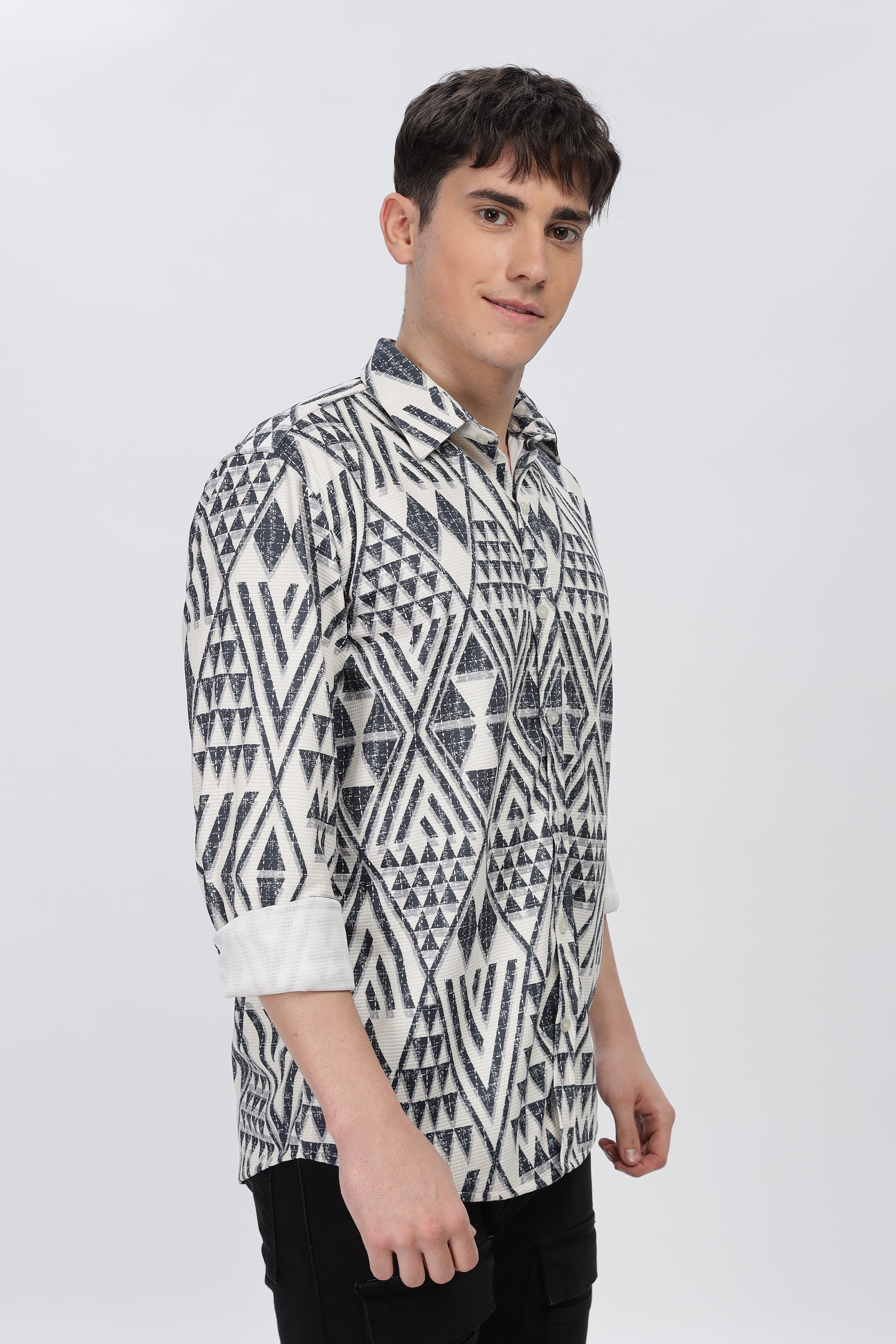 Greyish Geometrical Beige Slim Fit Shirt