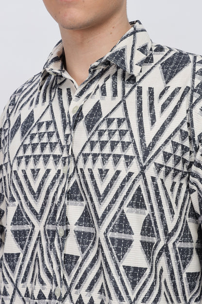 Greyish Geometrical Beige Slim Fit Shirt