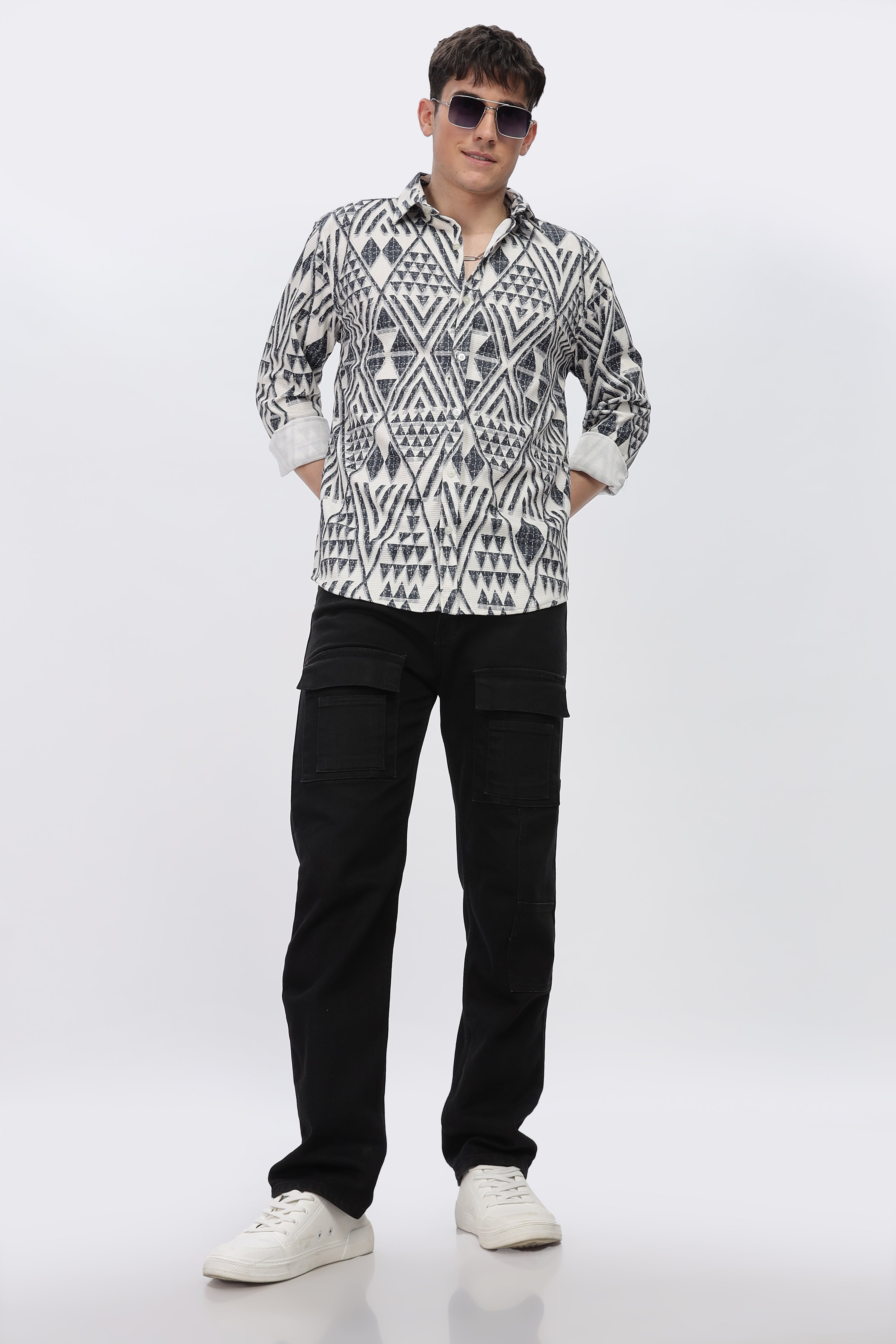 Greyish Geometrical Beige Slim Fit Shirt