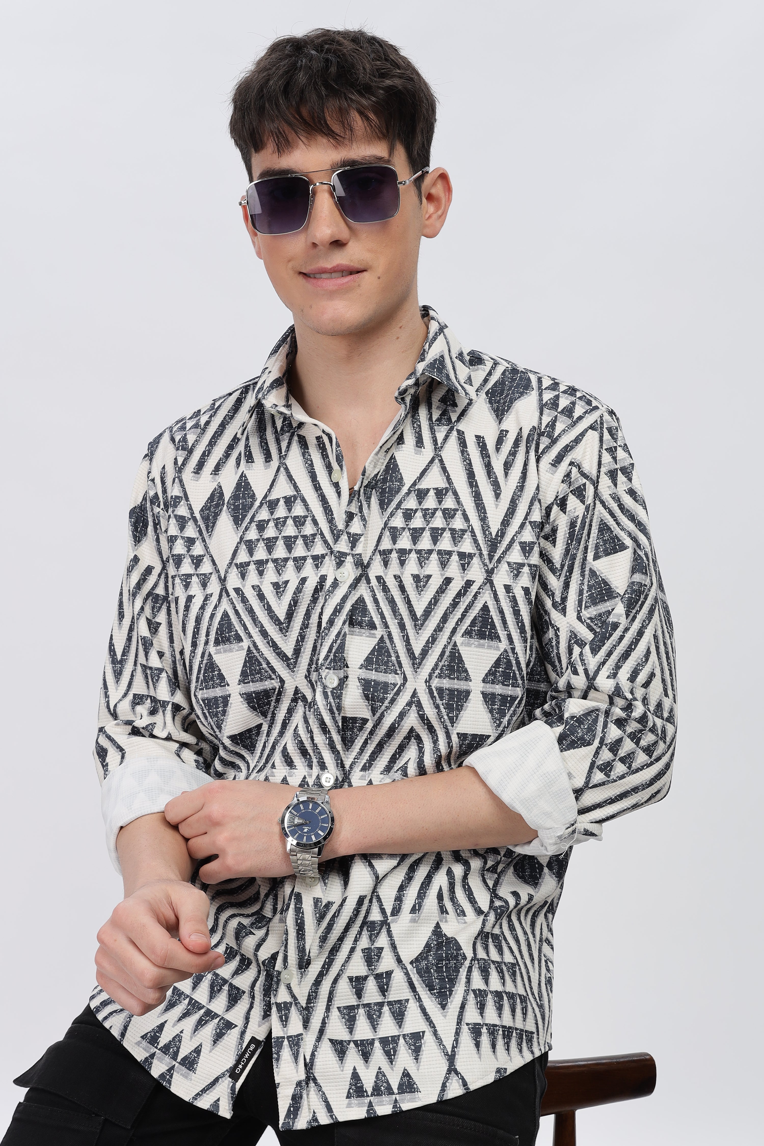 Greyish Geometrical Beige Slim Fit Shirt