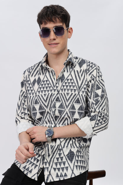 Greyish Geometrical Beige Slim Fit Shirt