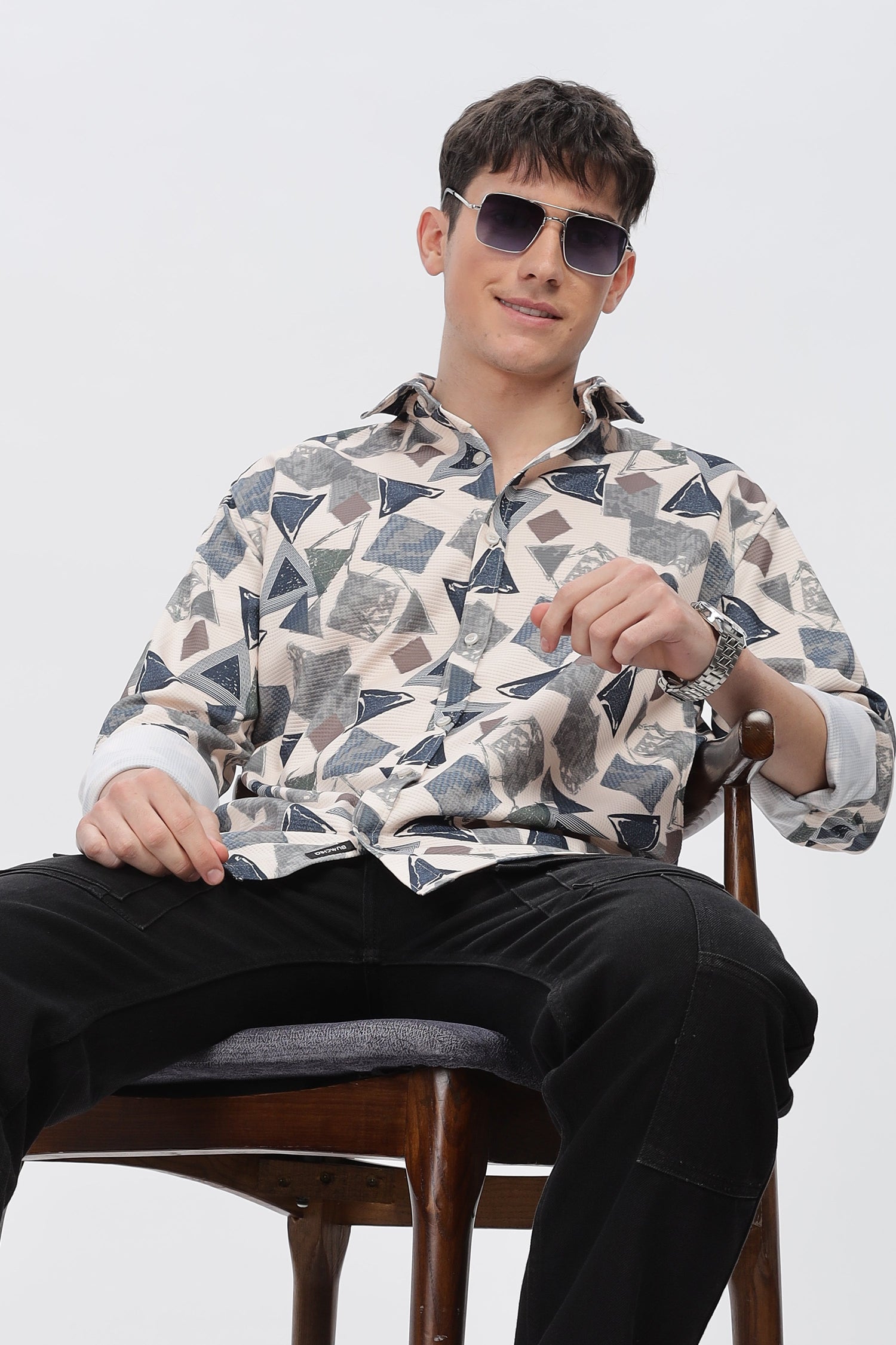 multi abstract beige slim fit shirt