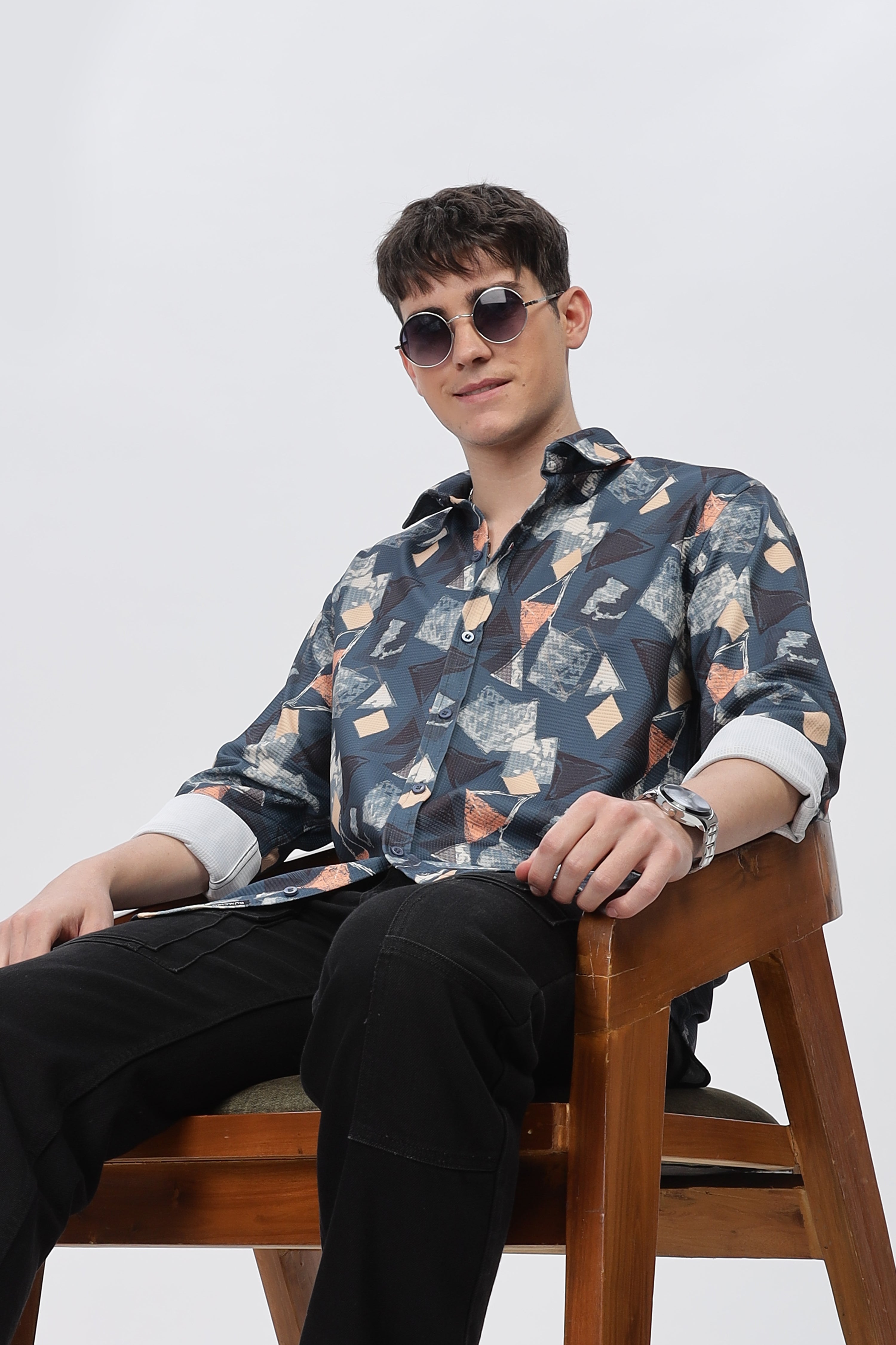 Multi Abstract Blue Slim Fit Shirt