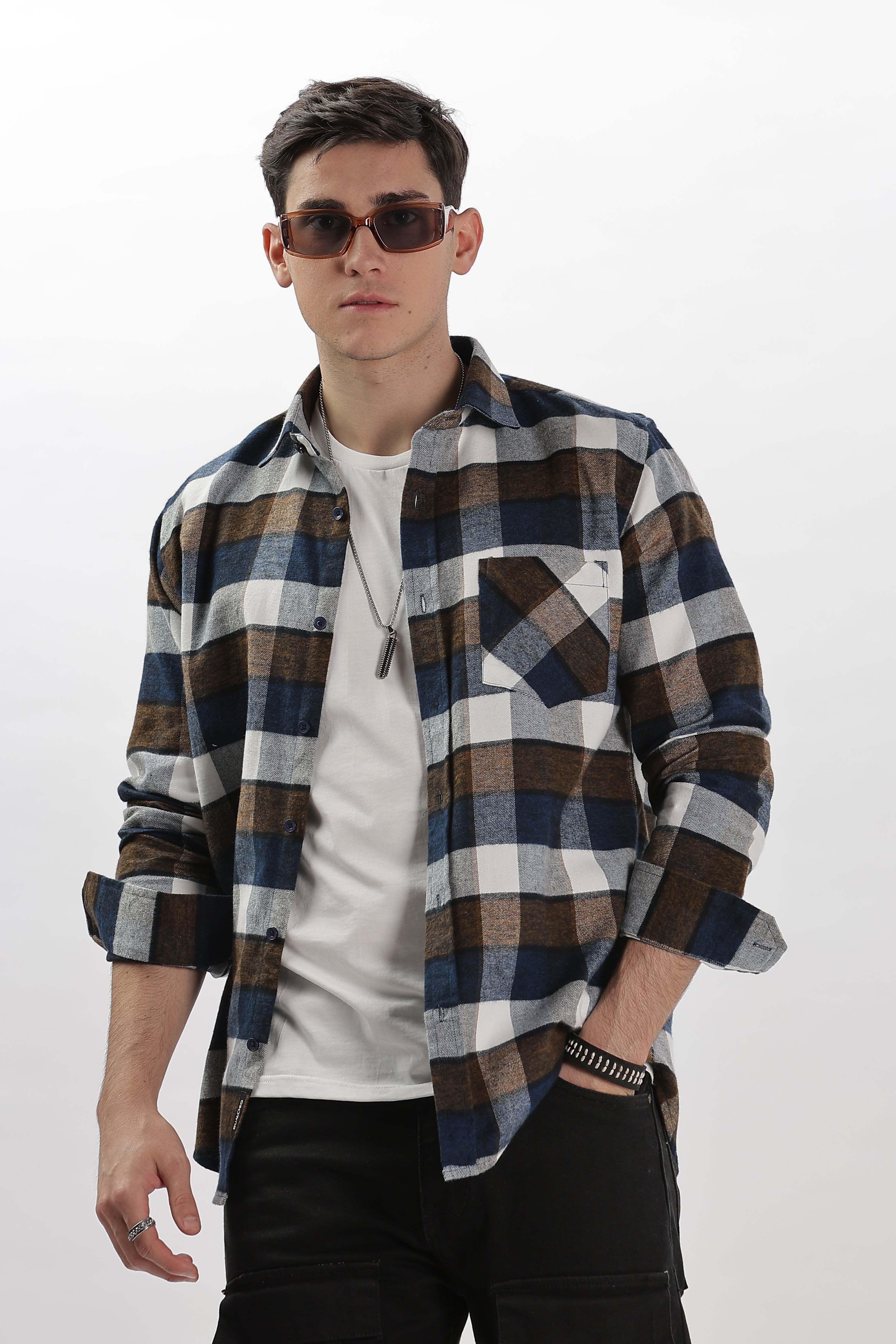 Blue Brown Flannel Relaxed Fit Overshirt