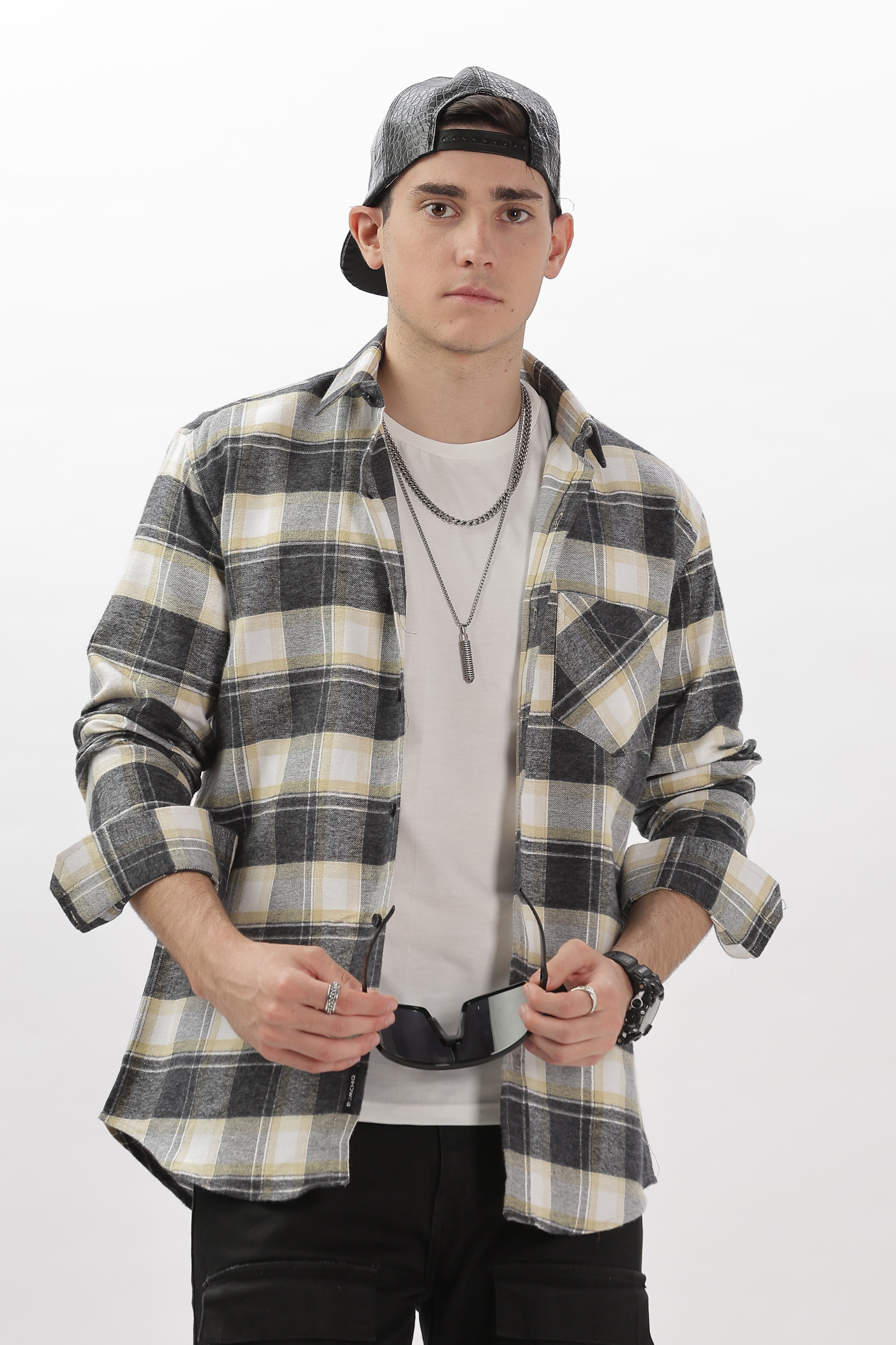 yellow grey flannel relaxed fit overshirt