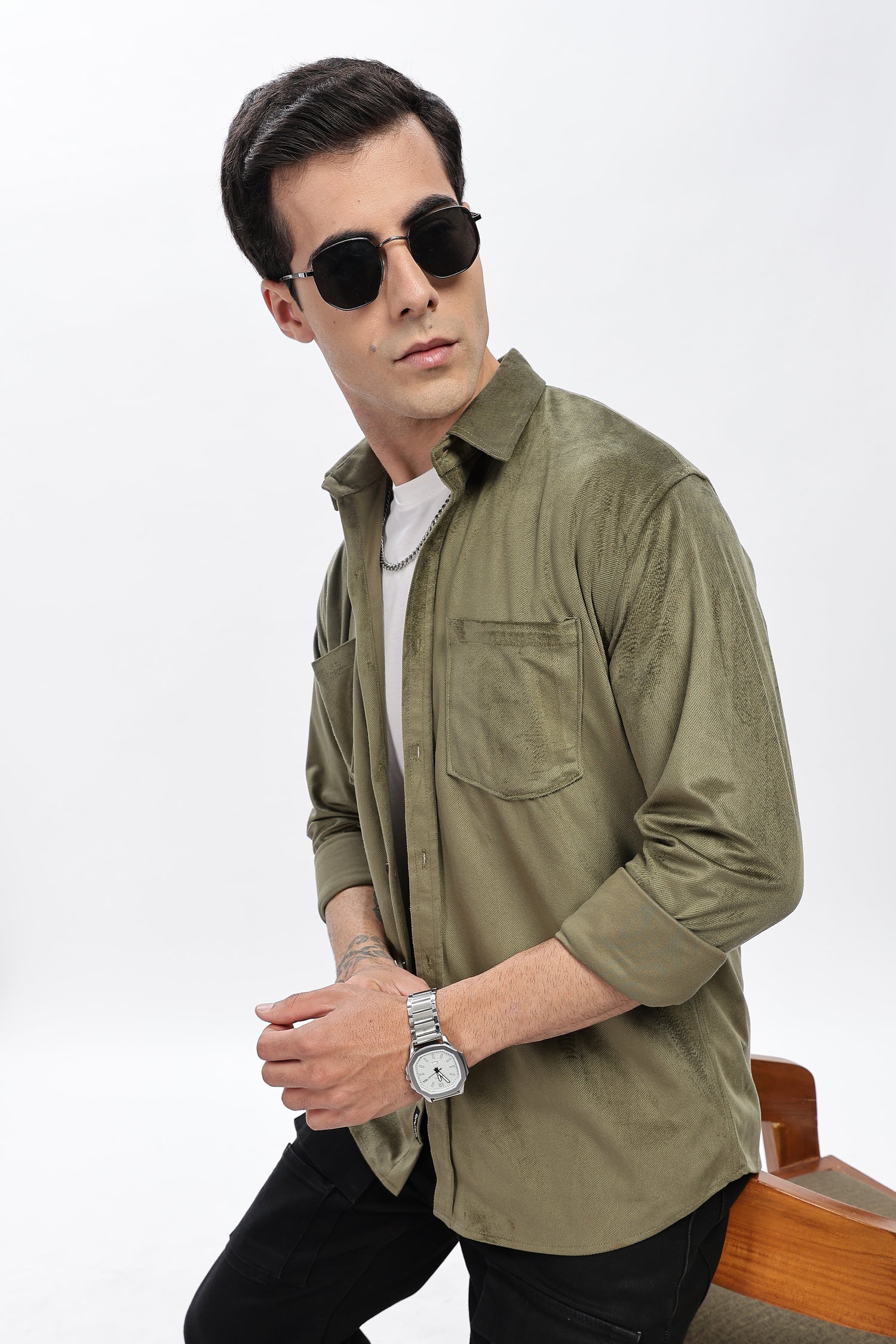 Olive Double Pocket Solid Shirt