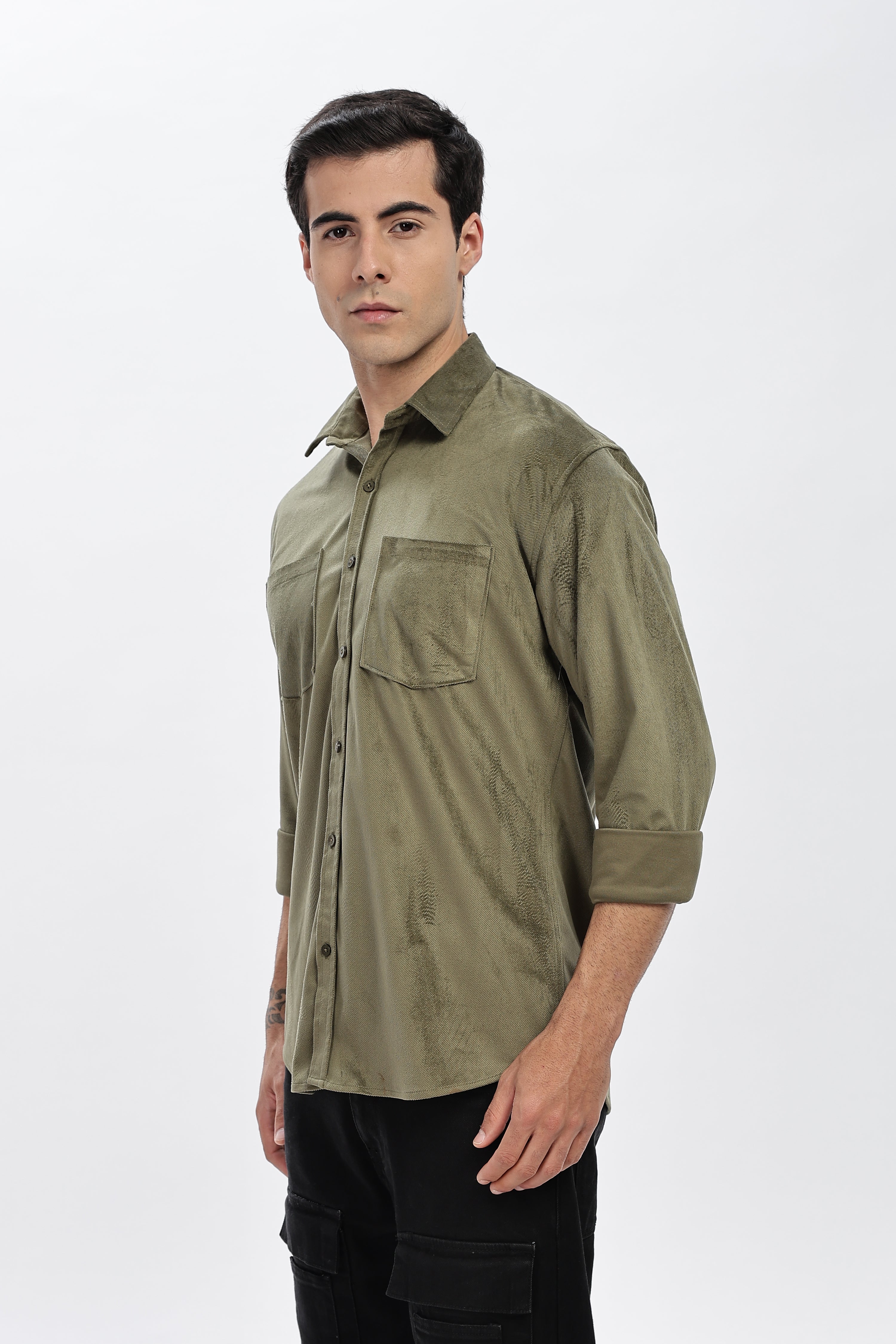 Olive Double Pocket Solid Shirt