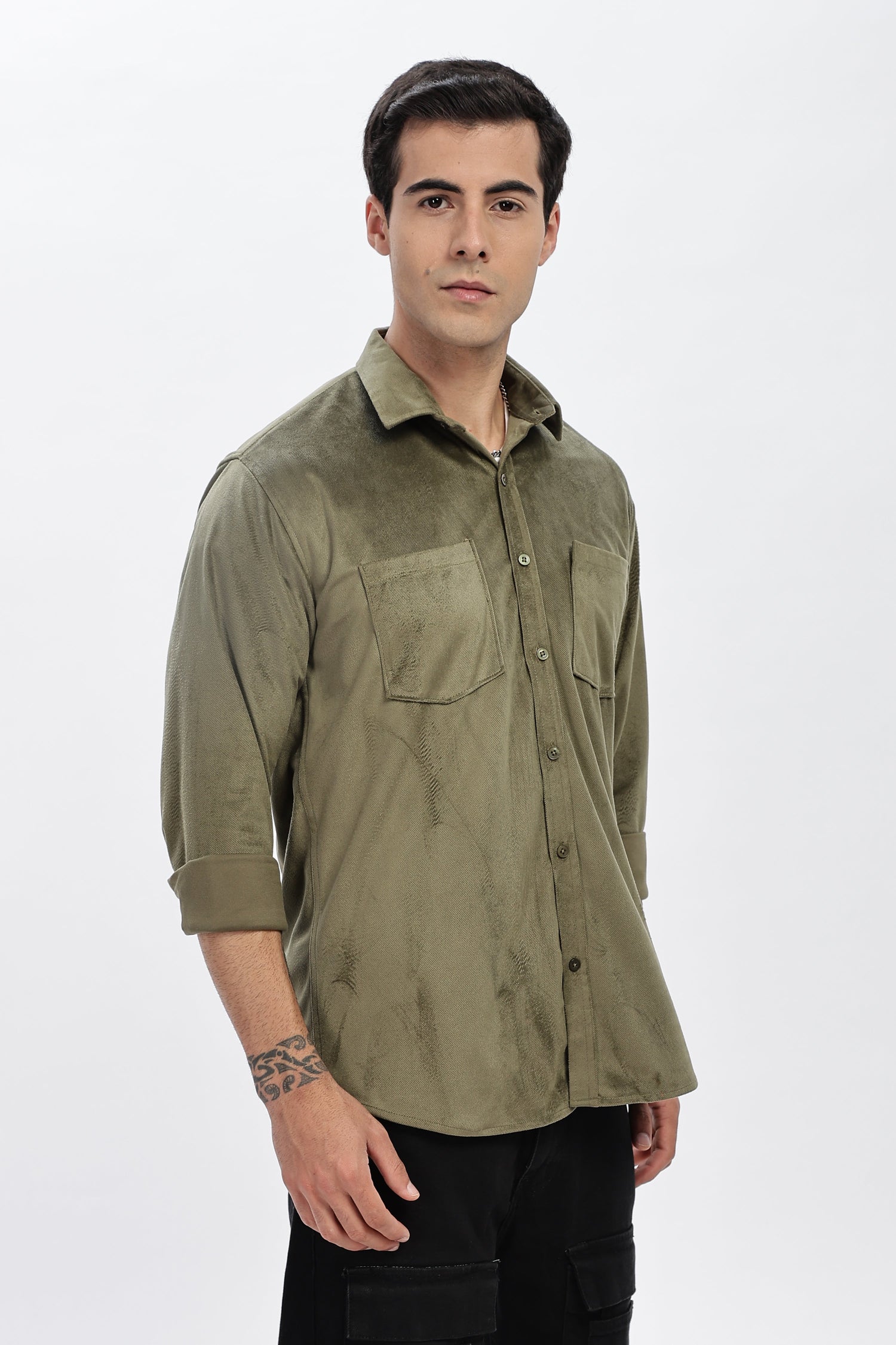 Olive Double Pocket Solid Shirt