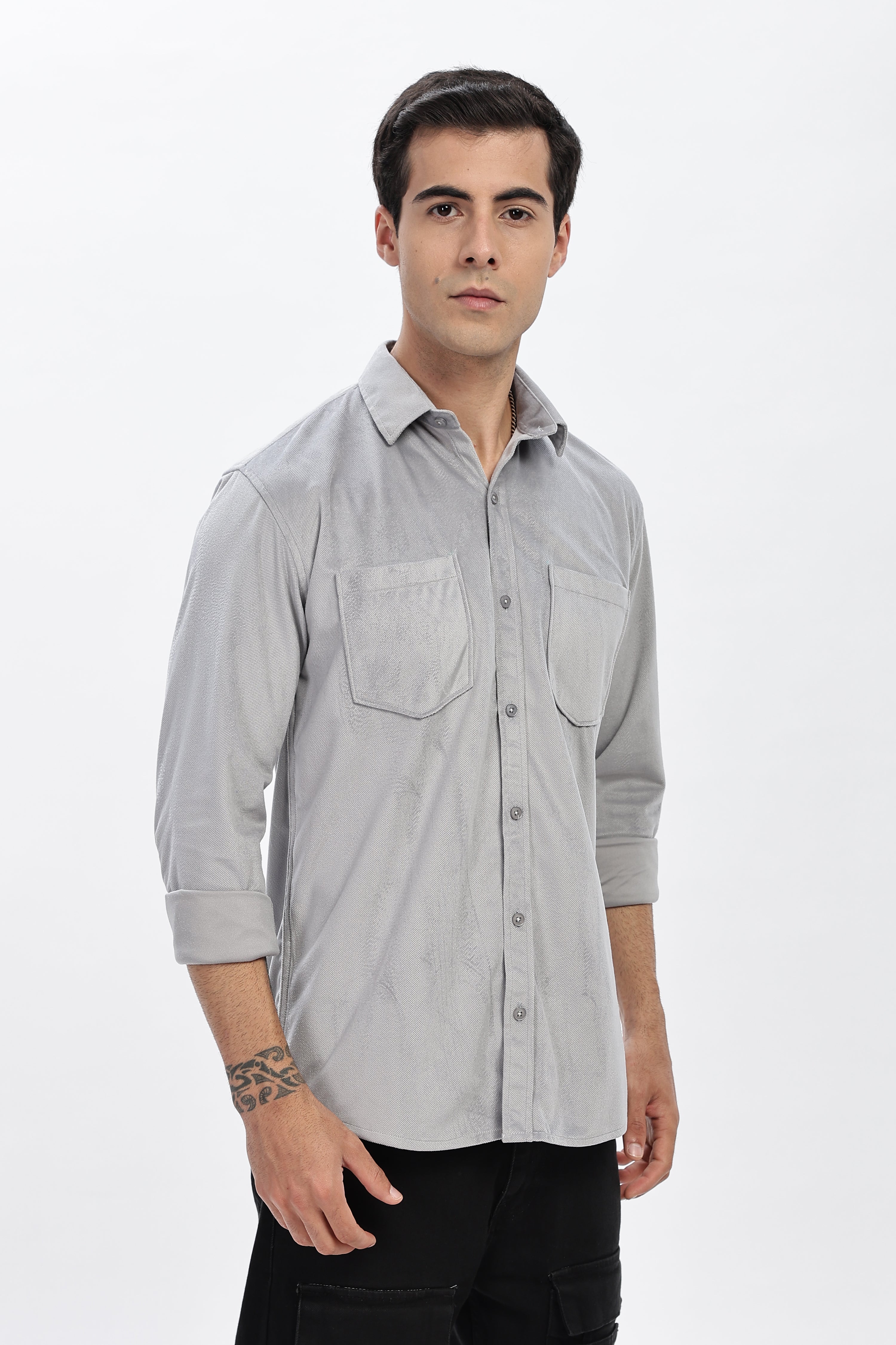Light Grey Double Pocket Solid Shirt