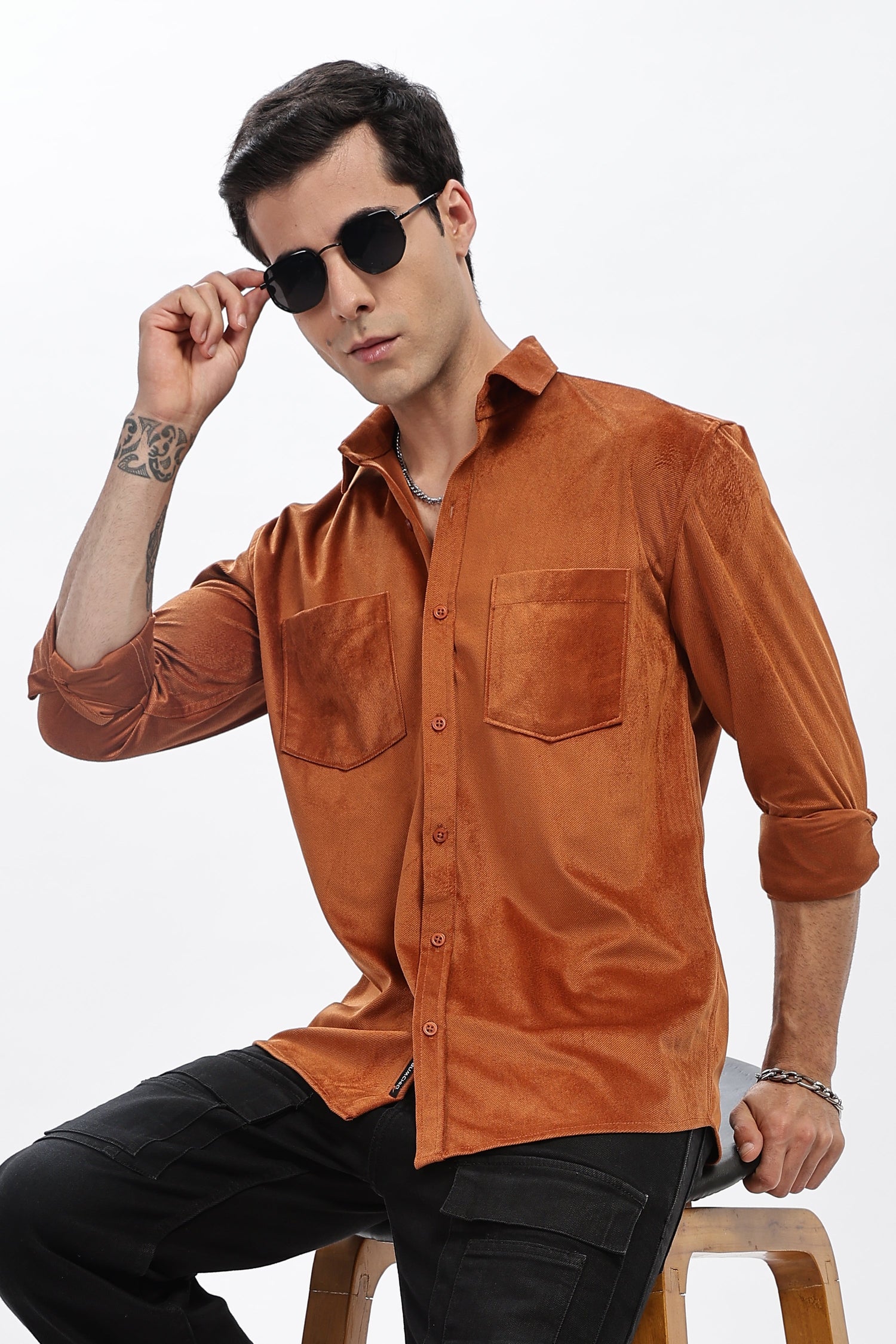 Brown Double Pocket Solid Shirt