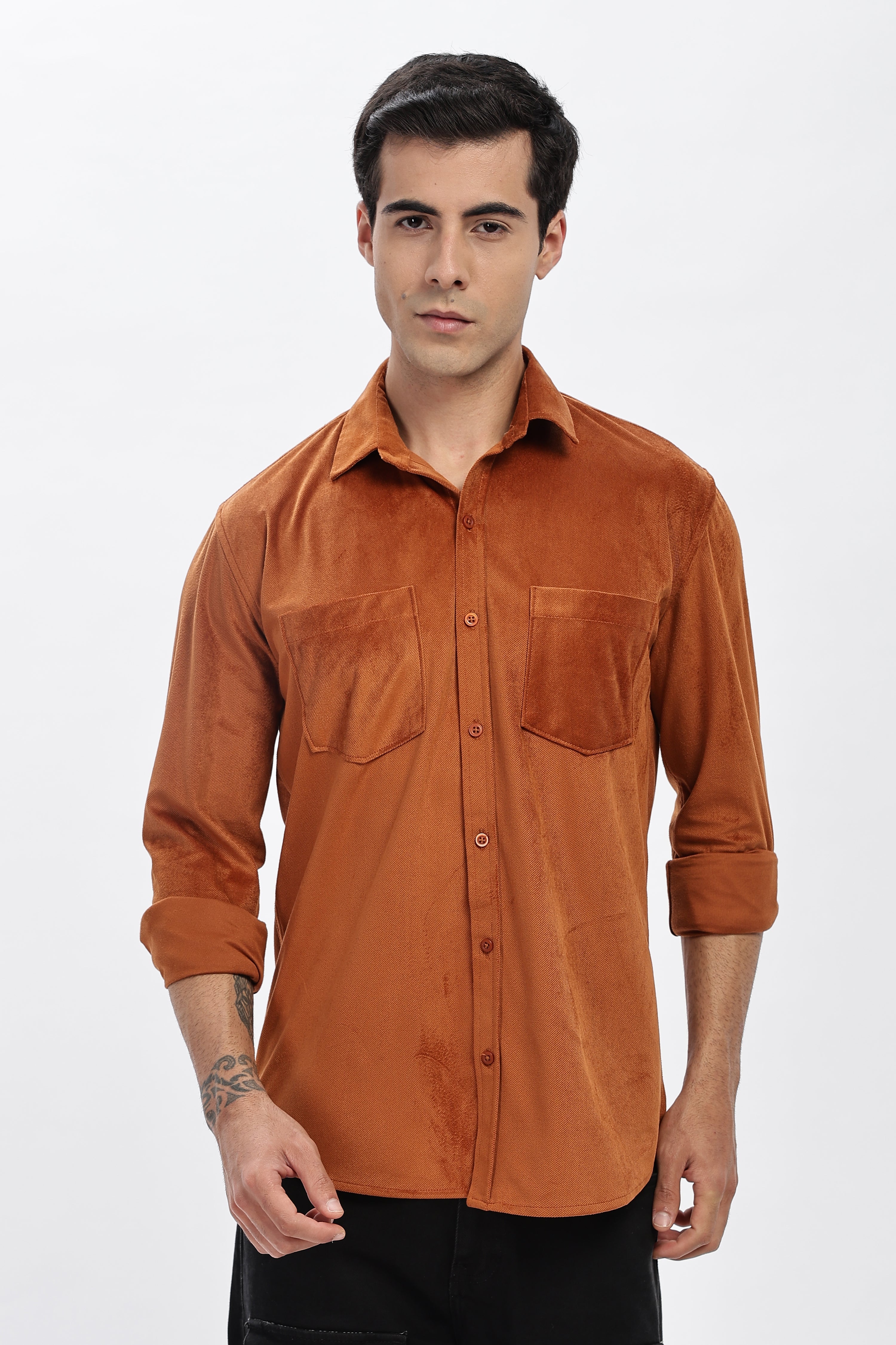 Brown Double Pocket Solid Shirt