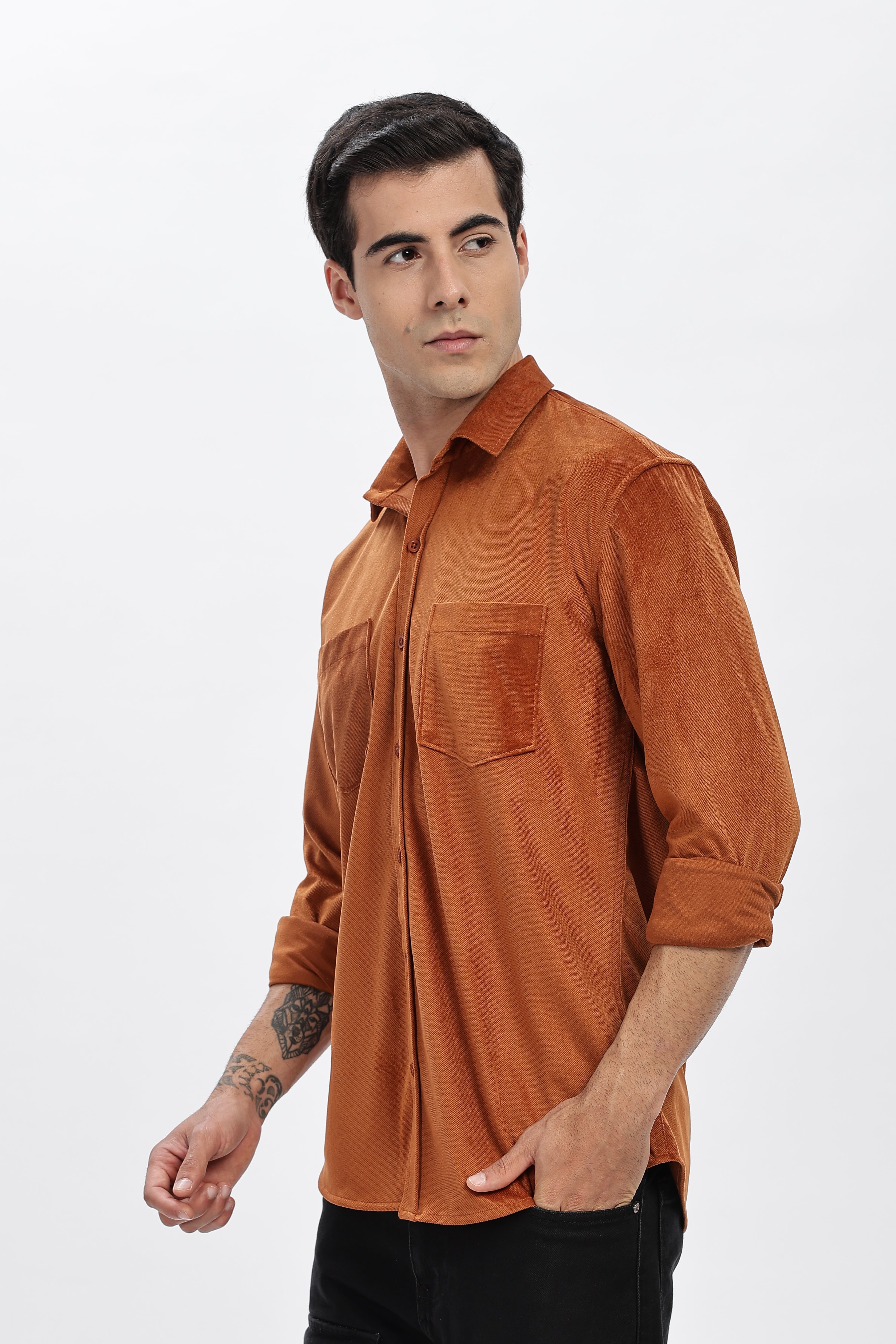 Brown Double Pocket Solid Shirt