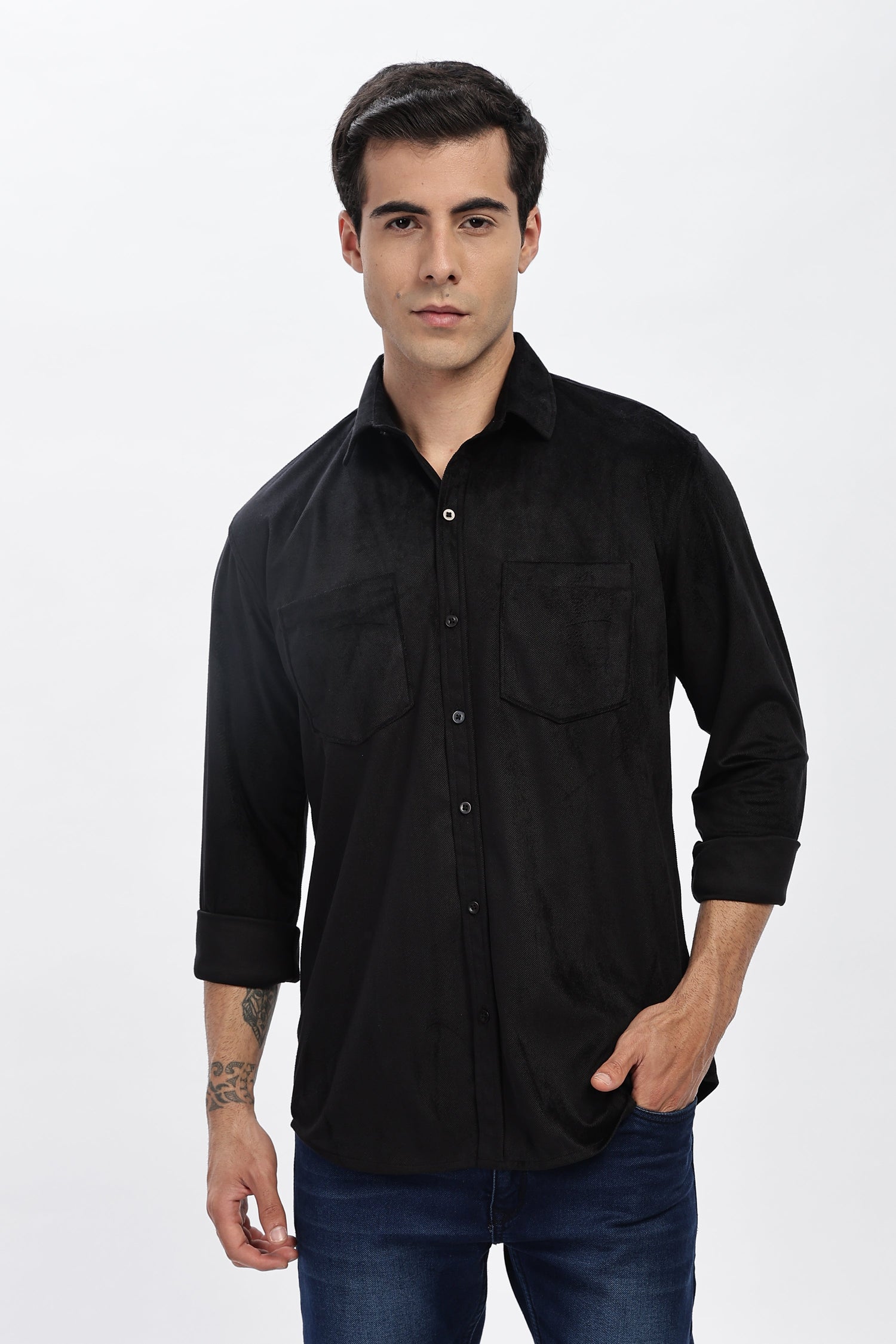 Black Double Pocket Solid Shirt