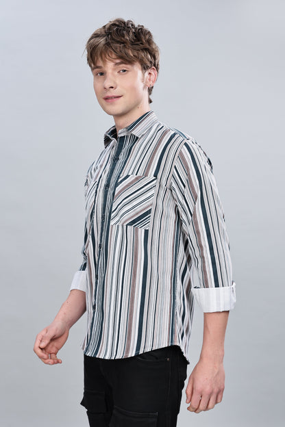Green Cream Stripes Relaxed Fit Overshirt