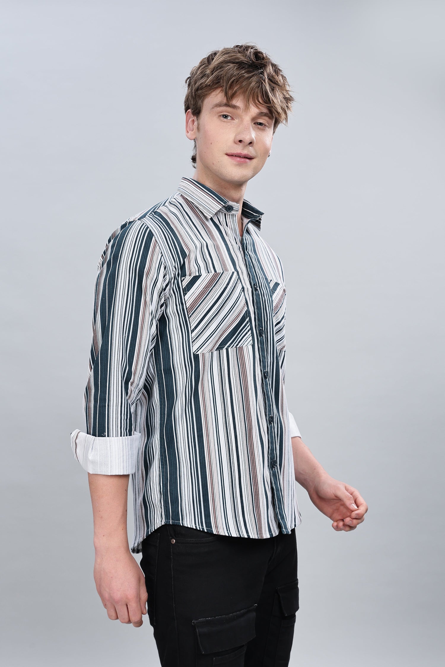 Green Cream Stripes Relaxed Fit Overshirt