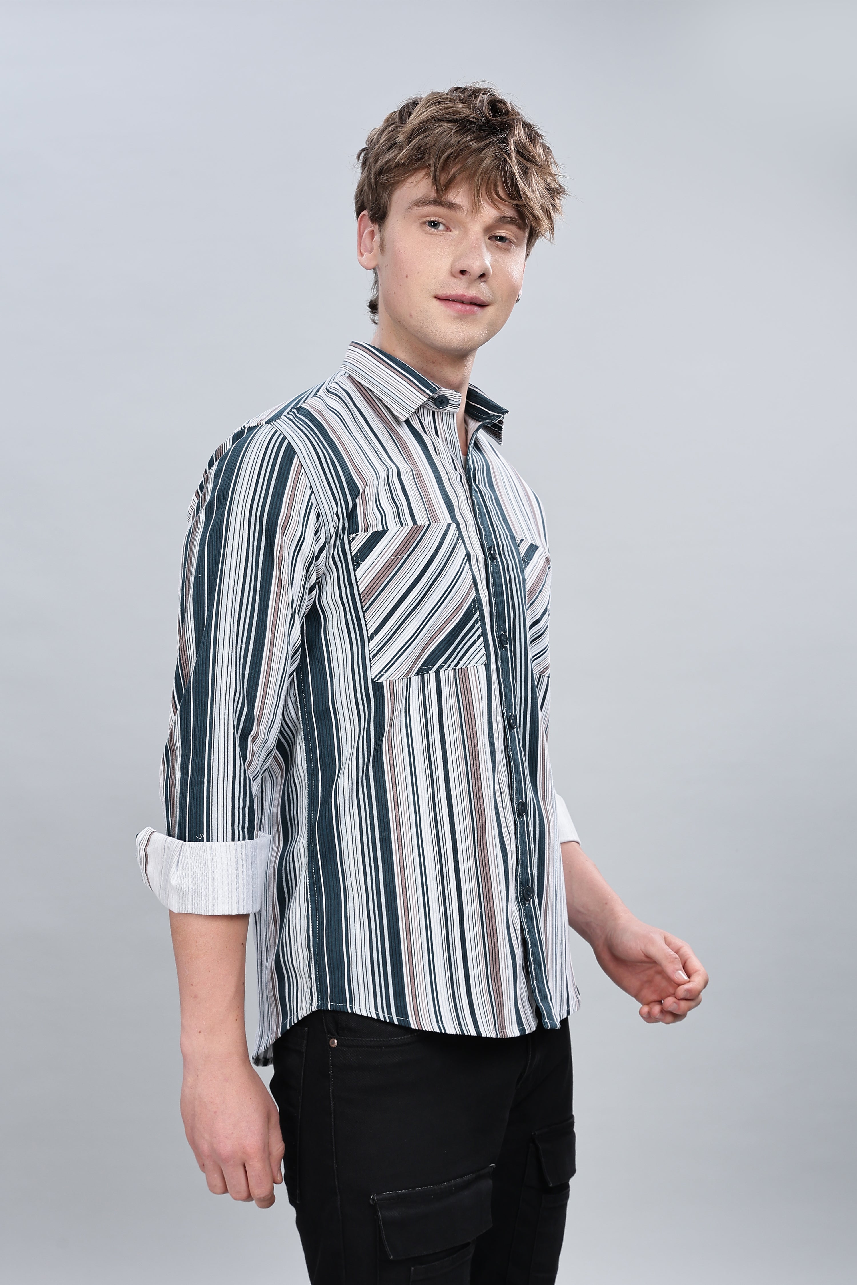 Green Cream Stripes Relaxed Fit Overshirt