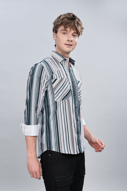 Green Cream Stripes Relaxed Fit Overshirt