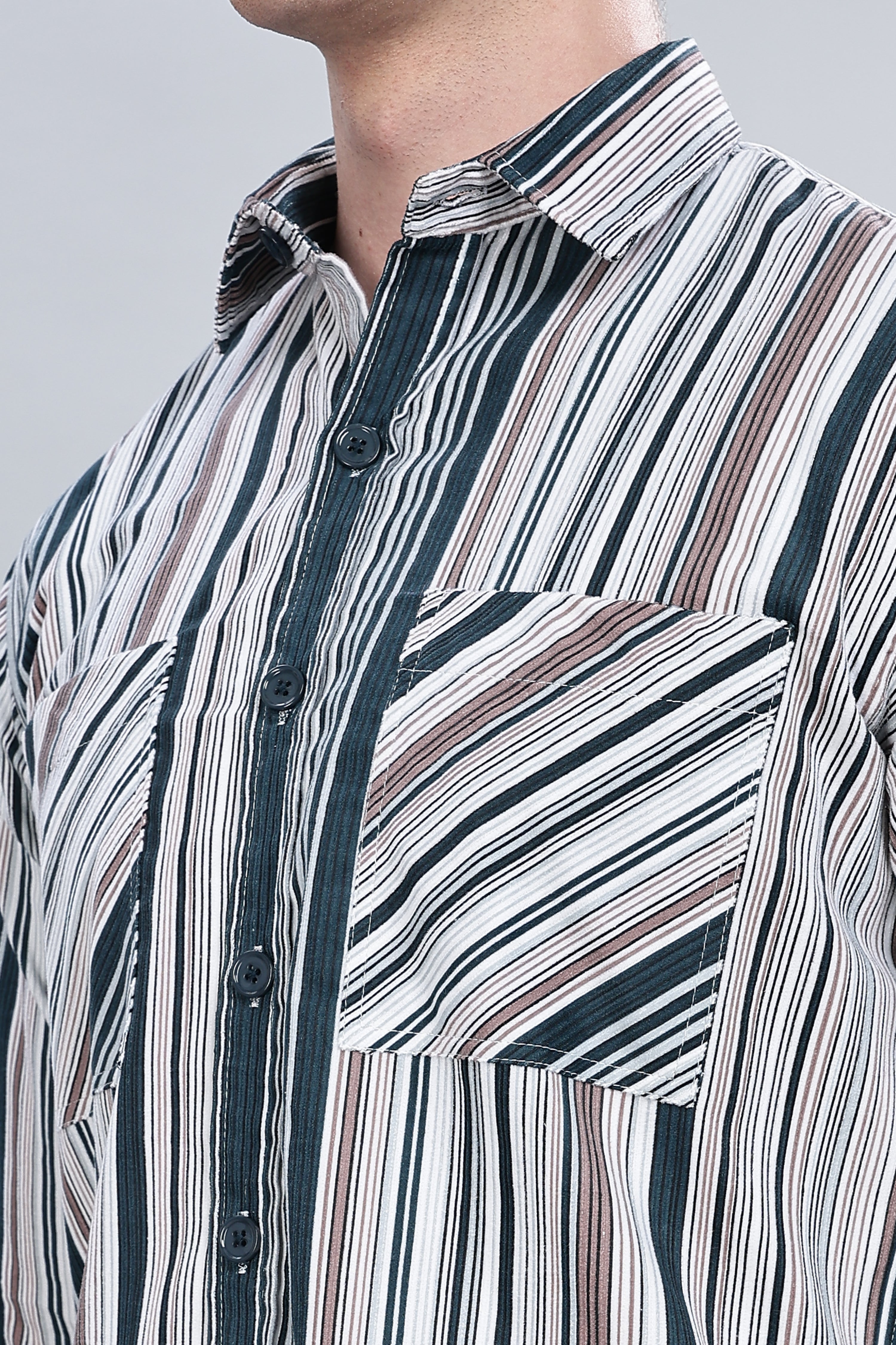 Green Cream Stripes Relaxed Fit Overshirt