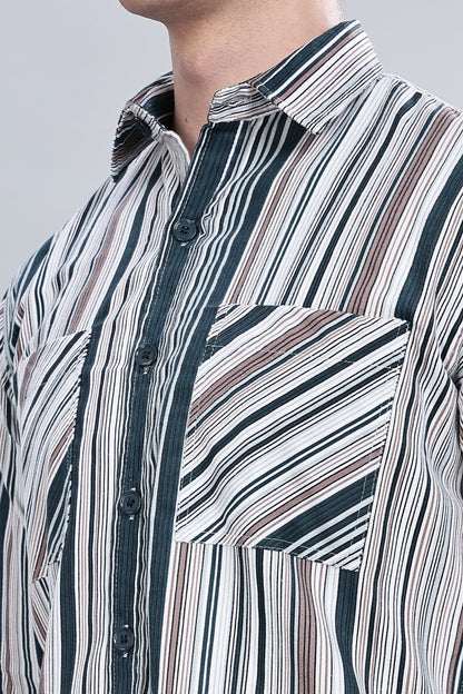 Green Cream Stripes Relaxed Fit Overshirt