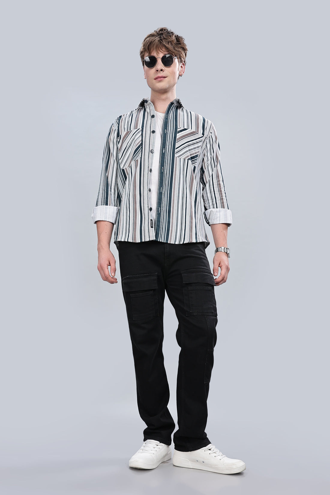 Green Cream Stripes Relaxed Fit Overshirt