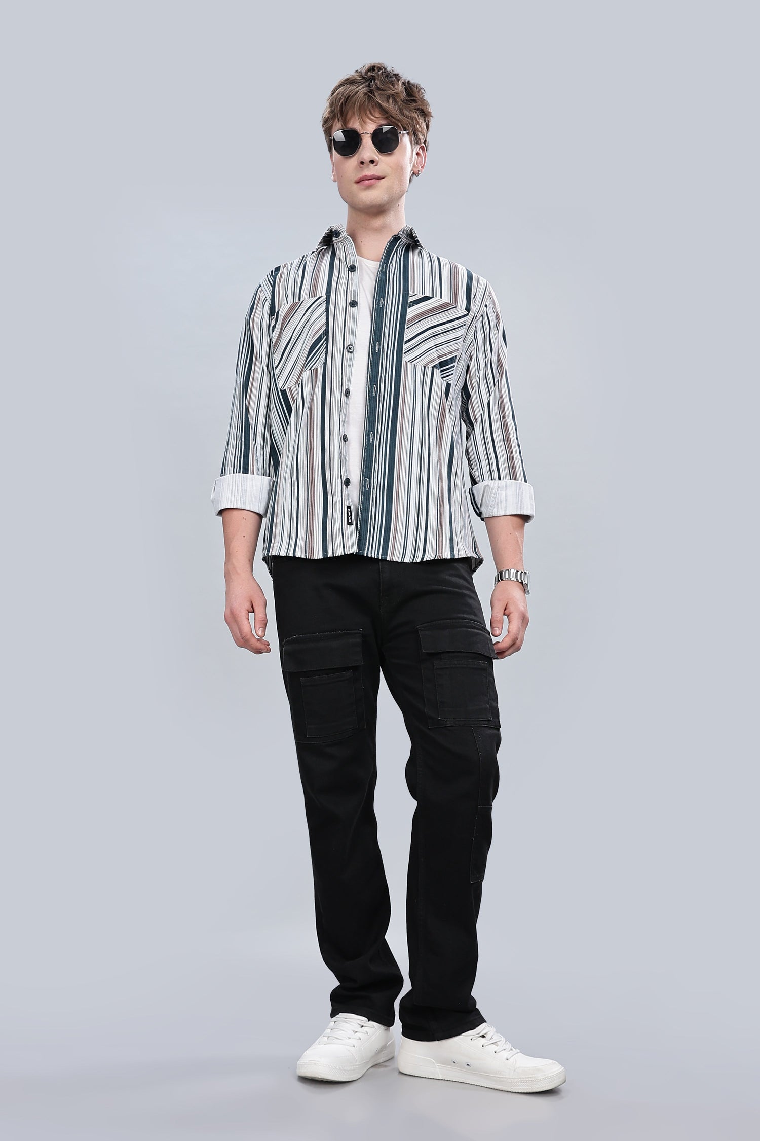 Green Cream Stripes Relaxed Fit Overshirt