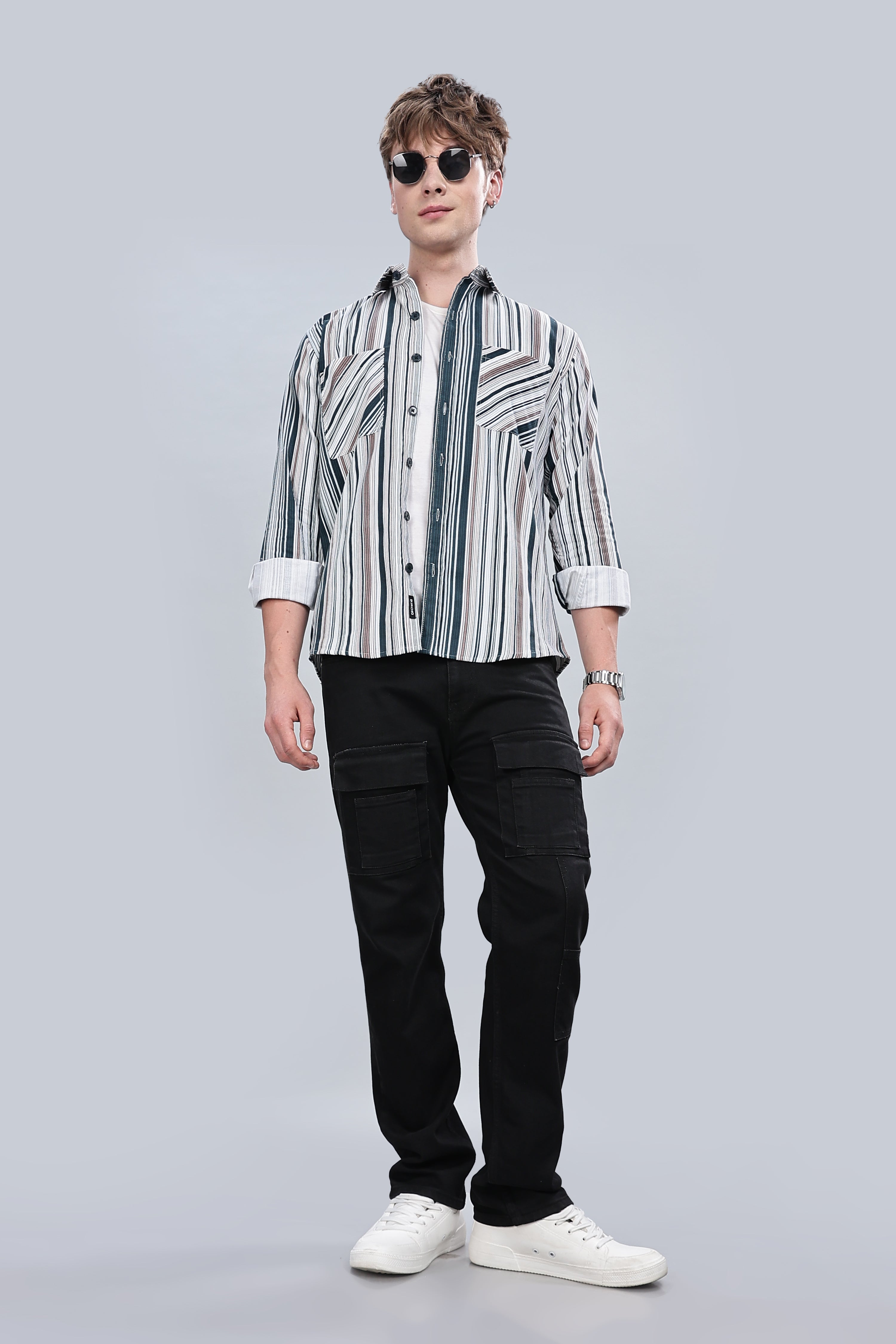 Green Cream Stripes Relaxed Fit Overshirt
