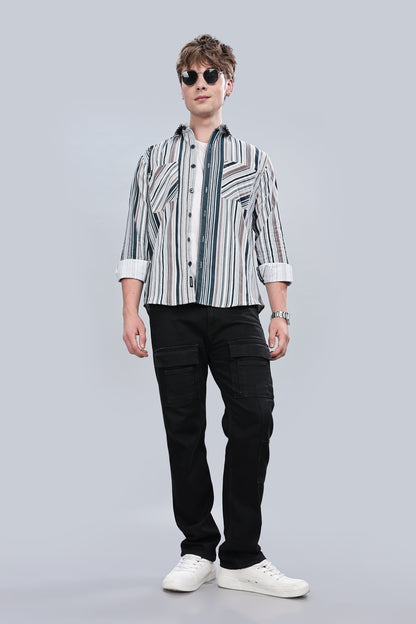Green Cream Stripes Relaxed Fit Overshirt