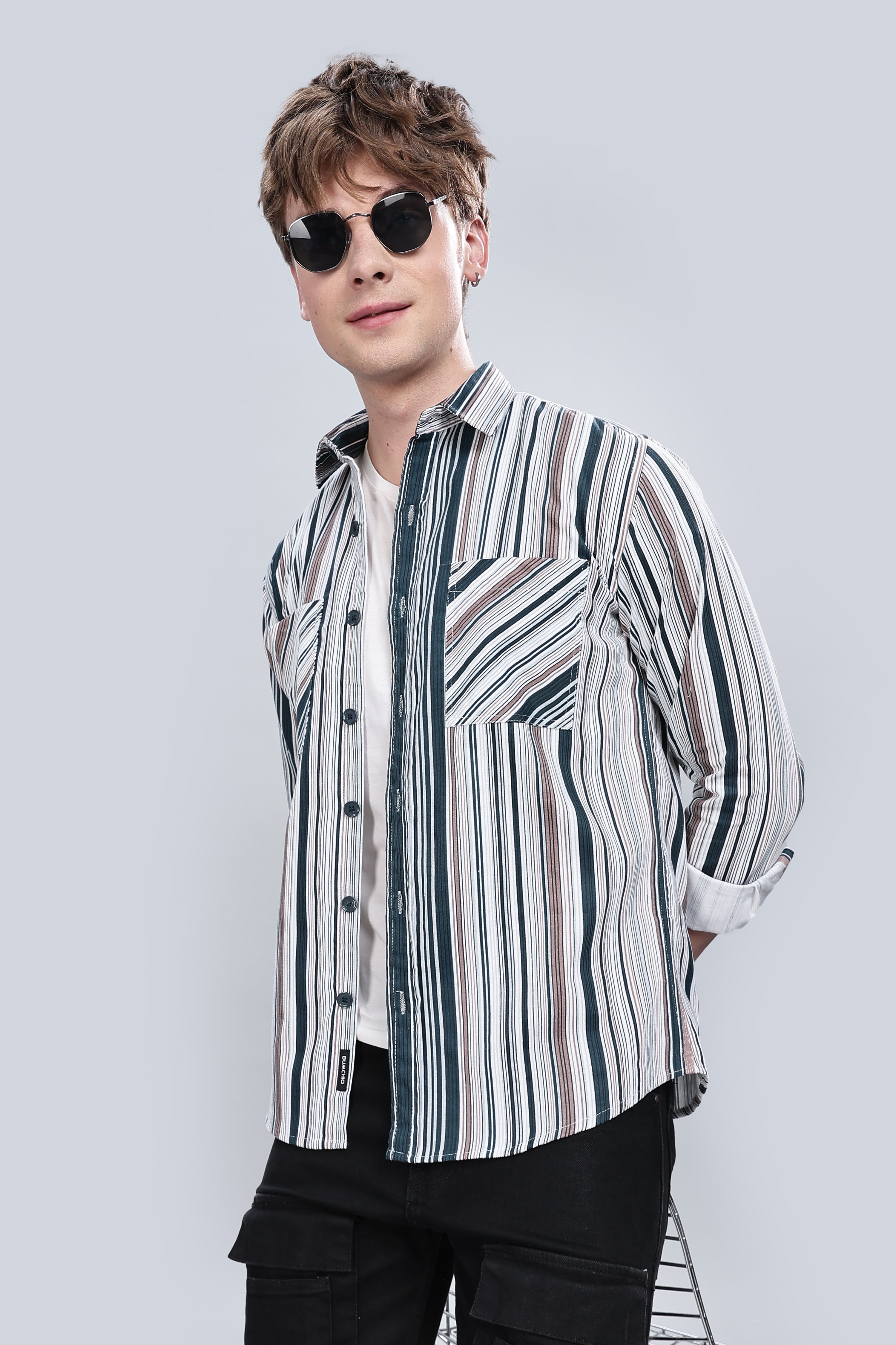 Green Cream Stripes Relaxed Fit Overshirt